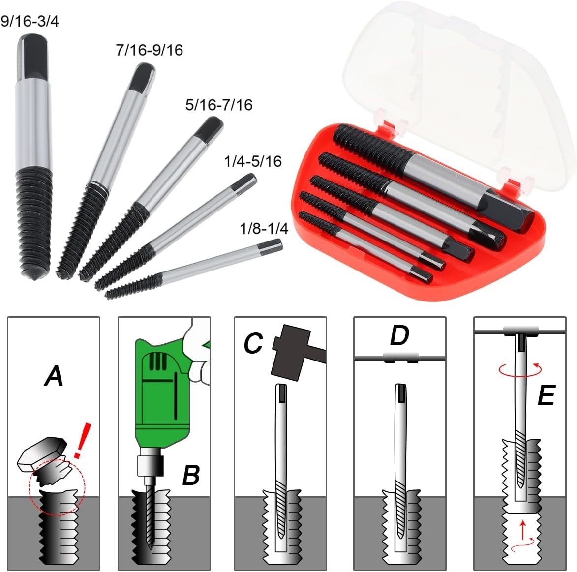 Versatile 5-Piece Screw Extractor Set - Quick Solution for Broken Bolt Removal