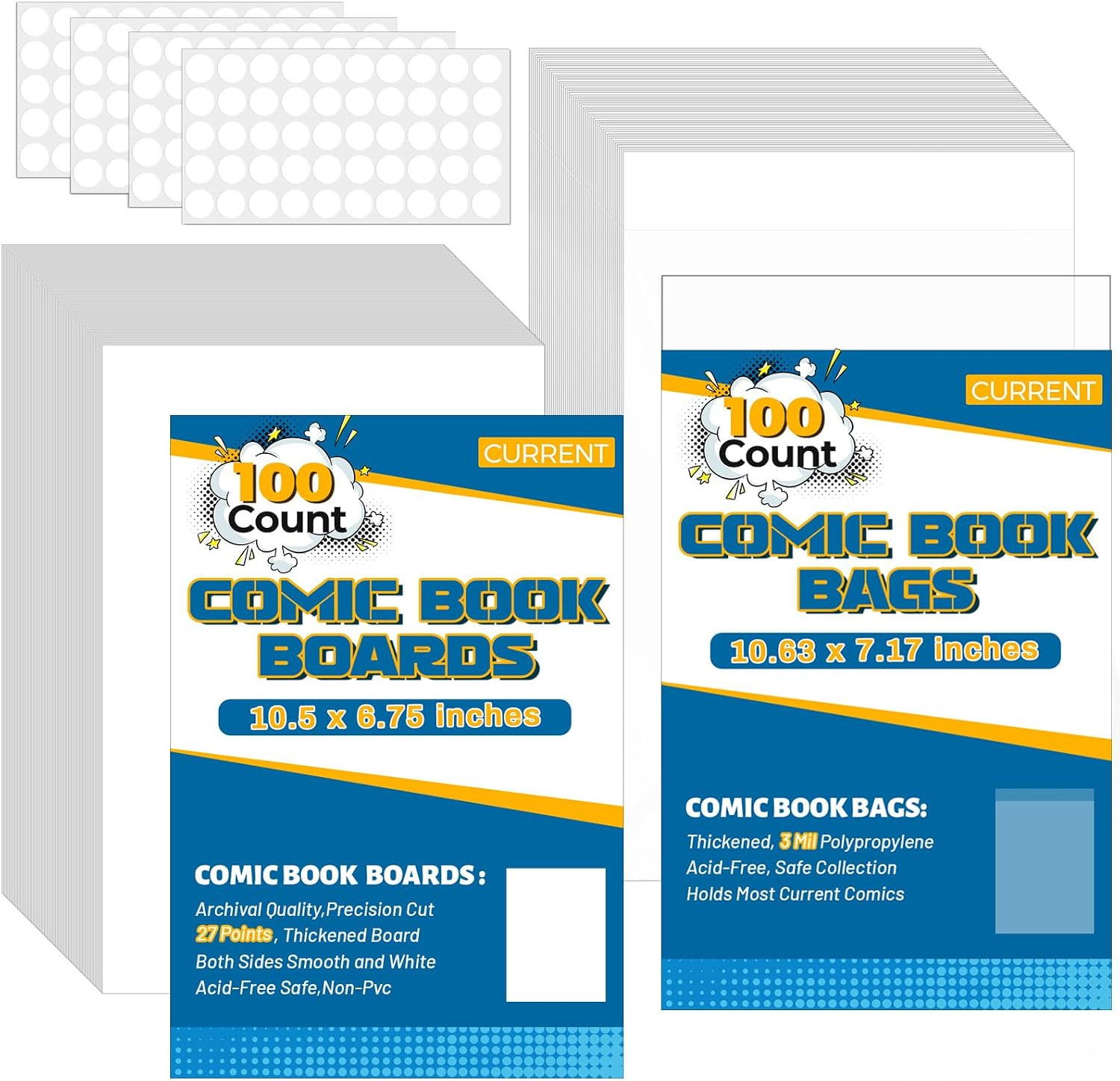 100 Sets Current Comic Book Bags and Boards 100 Acid-Free 27PT Comic Book Boards