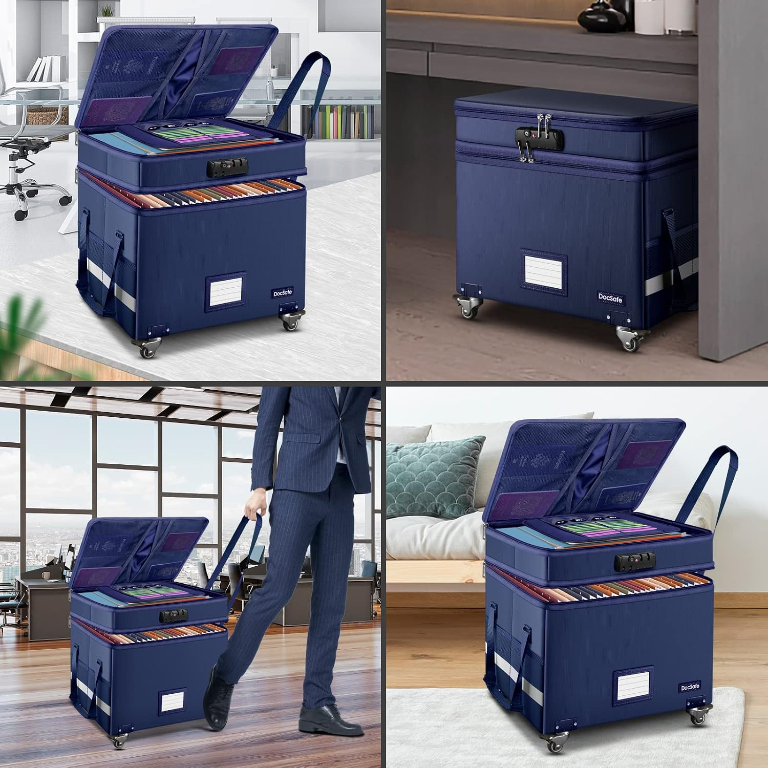File Box with Lock, 2-Layer Fireproof Document Box with Wheels,Collapsible File