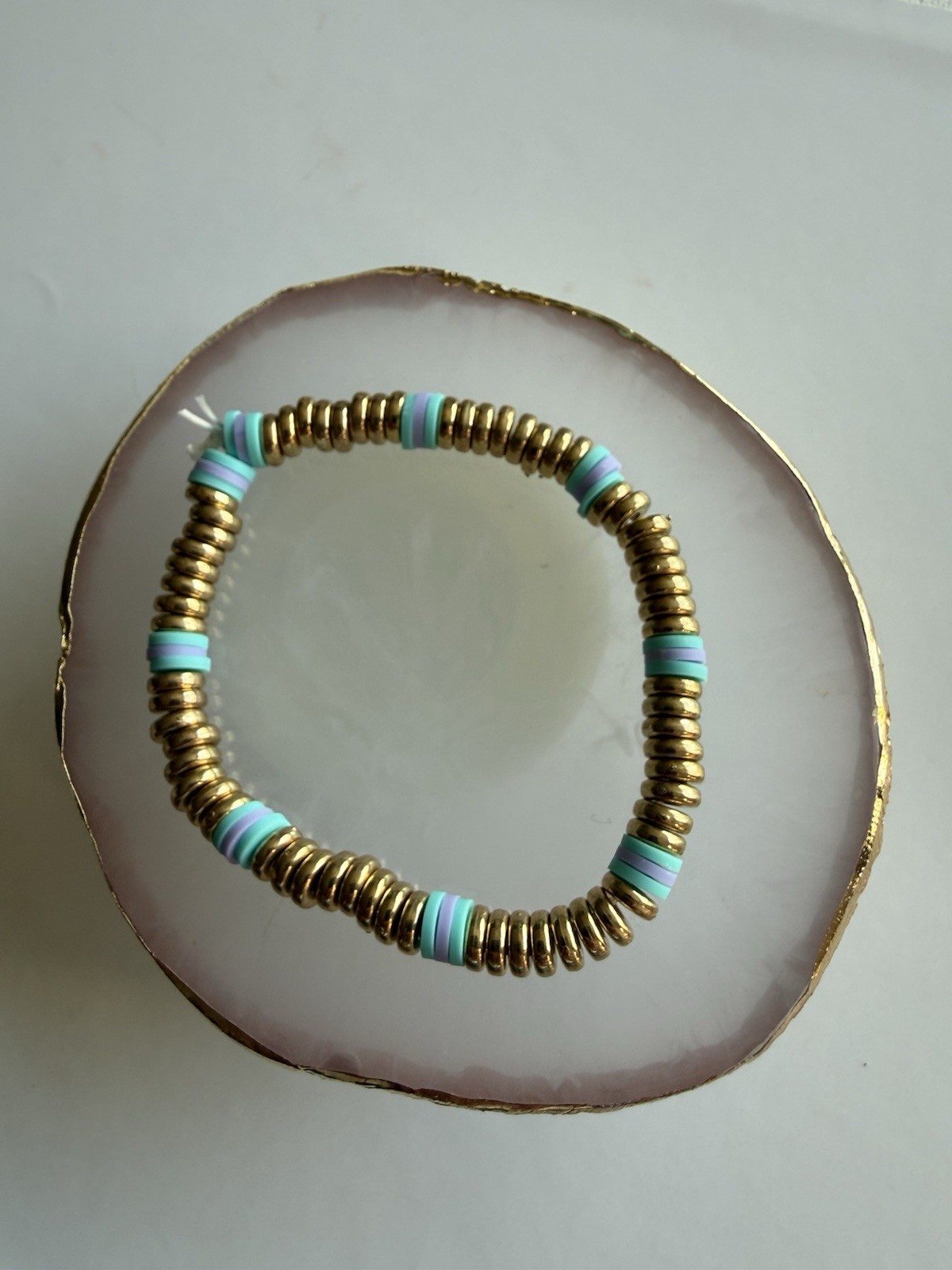 Handmade Bracelet teal Purple And Gold Stretchy Elastic Plastic Beads - Medium