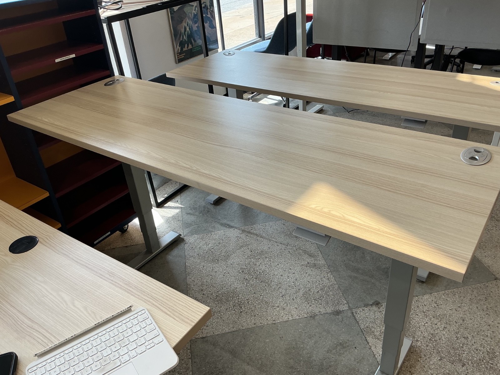 70"W x 23"D Pneumatic Height Adjustable Table by Humanscale in American Elm