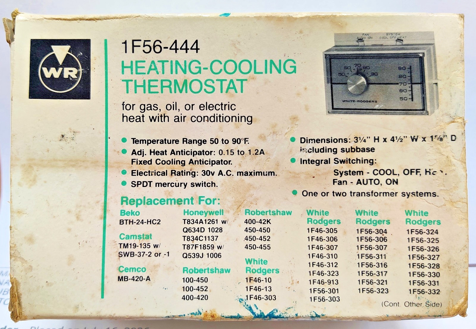 White Rodgers - 1F56-444  Heating/Cooling Thermostat -NEW  Obsolete Vendor Stock