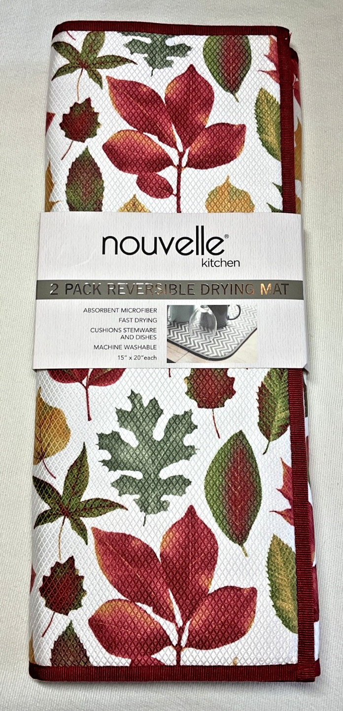 NOUVELLE KITCHEN DRYING MATS (2) reversible FALL LEAVES 15 X 20 MICROFIBER NIP