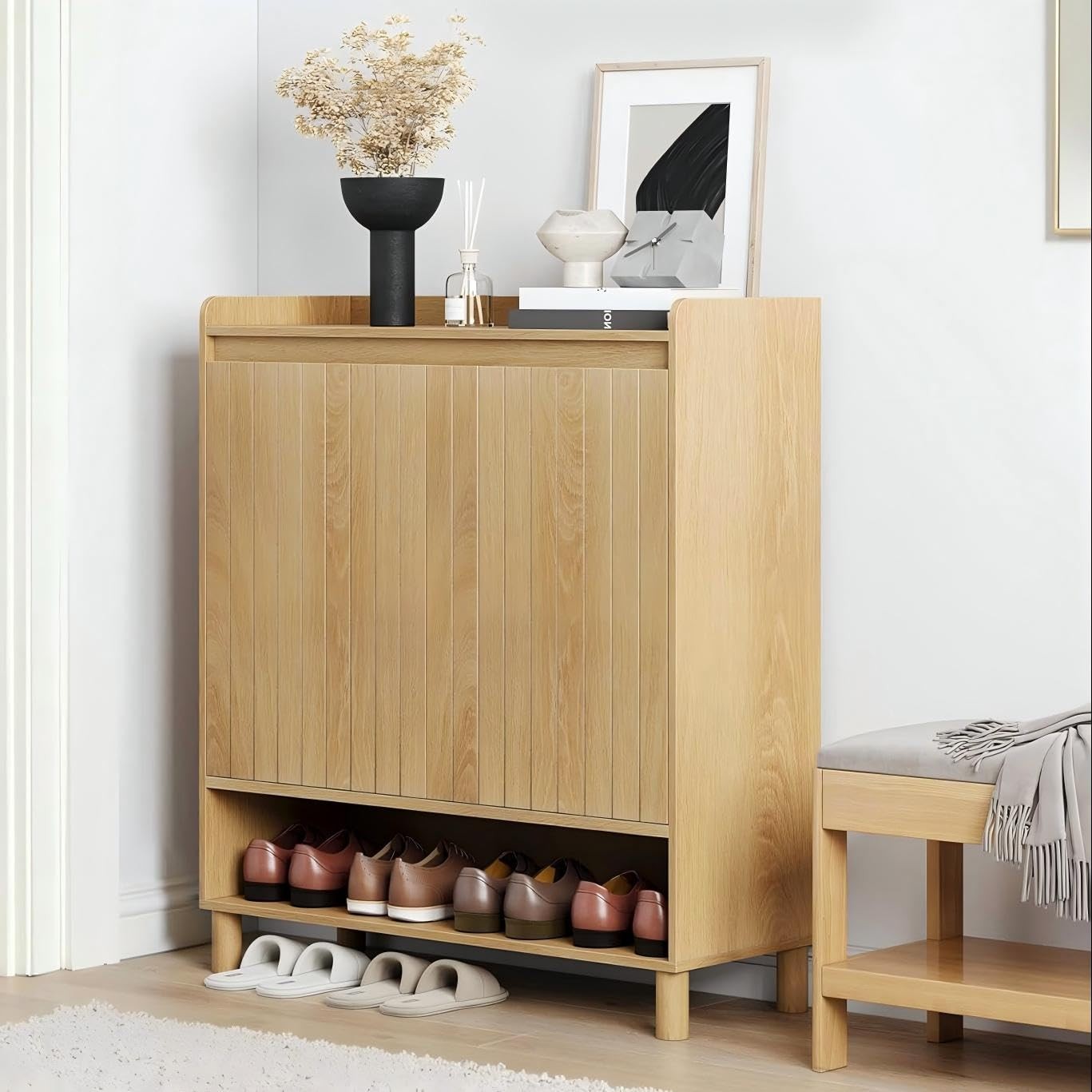 Smart FENDEE Shoe Cabinet for with Line Grooved Doors, 5-Tier Wooden Shoe Org...