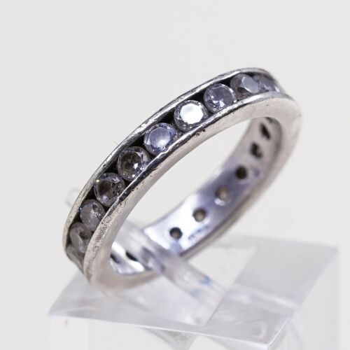 Sz 6, Vtg Sterling silver ring, 925 silver statement band w/ cz