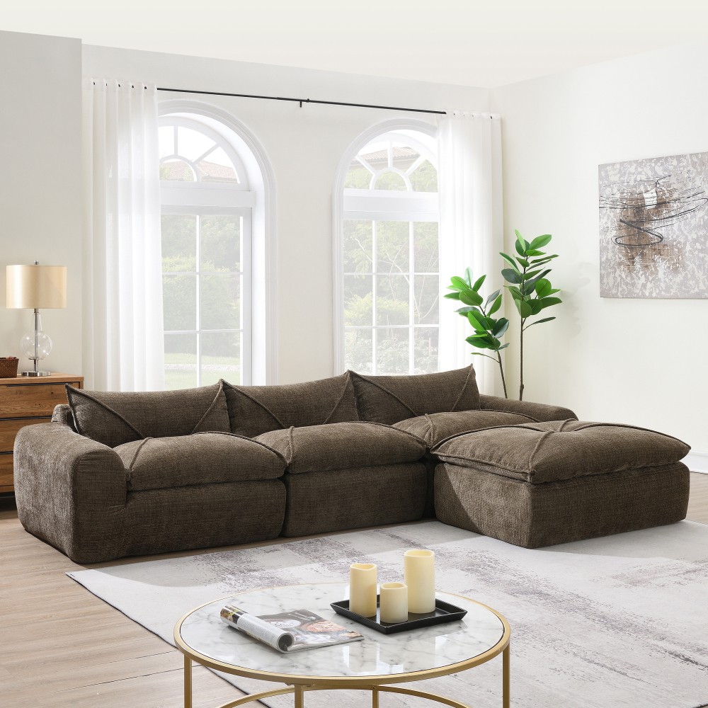 Brown Chenille 4-Seater Sectional Sofa w/Ottoman - No Assembly