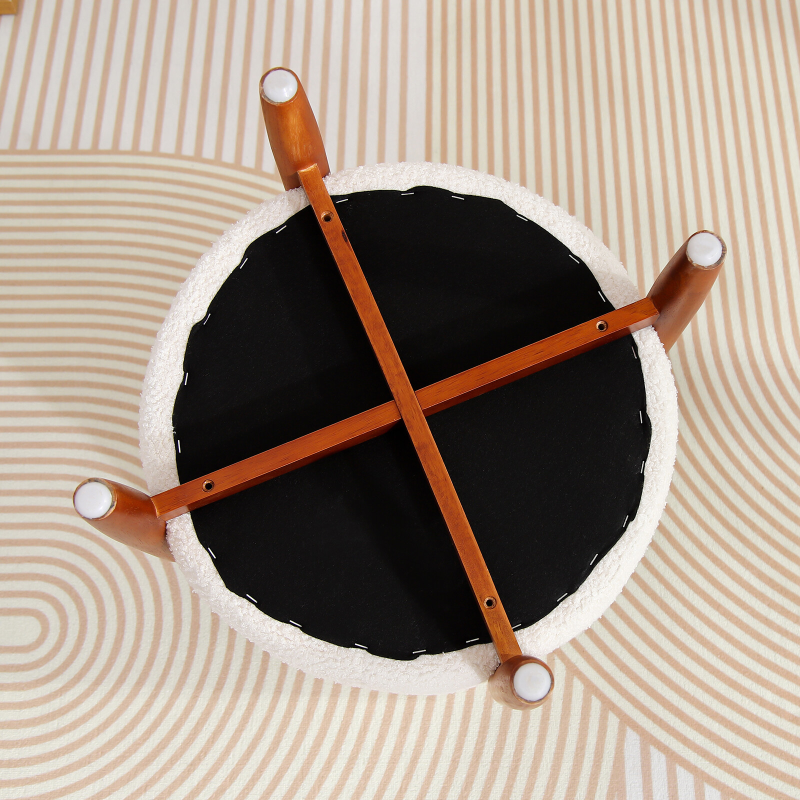 Livingroom Round Storage Ottoman Modern Teddy Velvet Footstool with Wood Legs