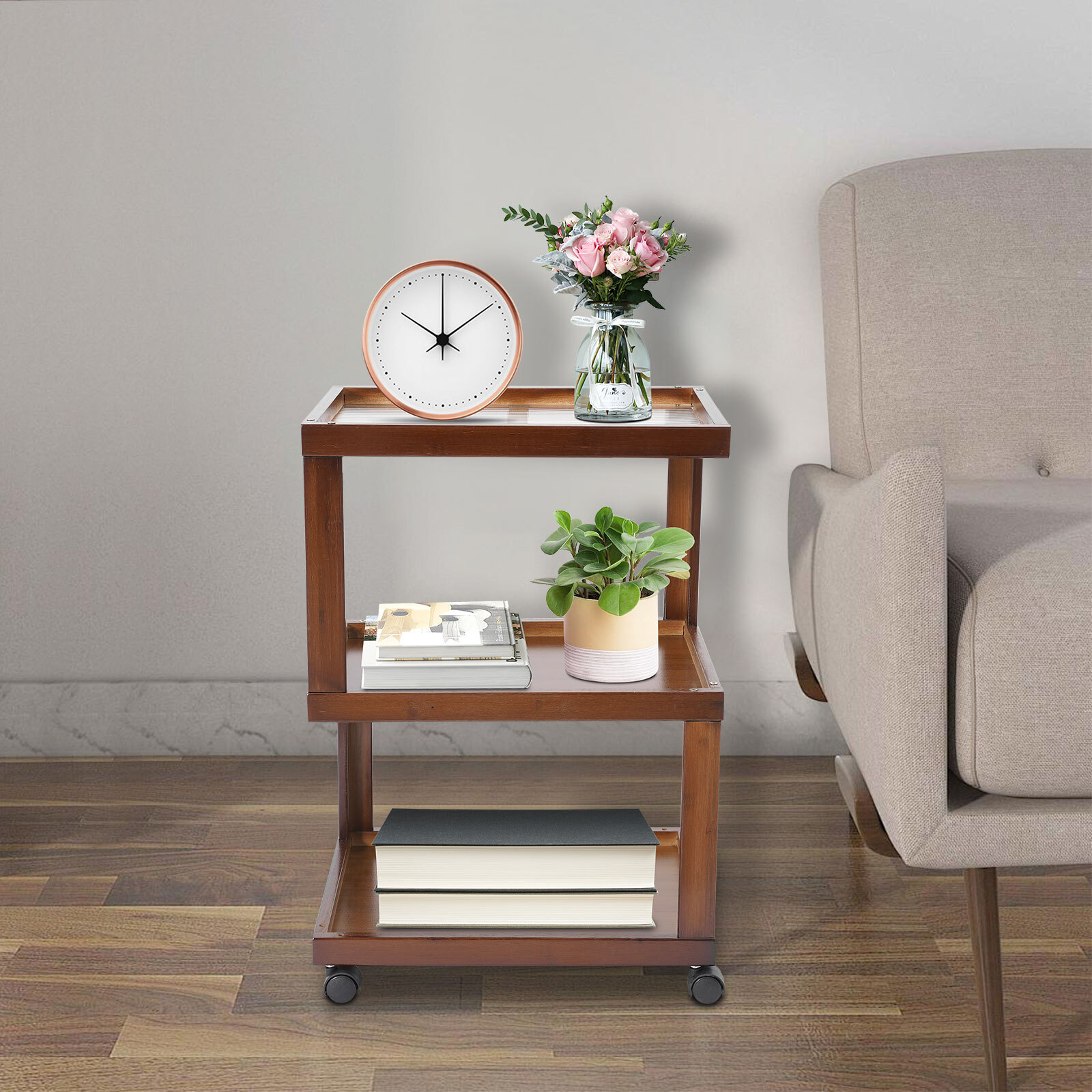 End Table 3-Tier Wood Nightstand End Table for Small Spaces with Open Storage