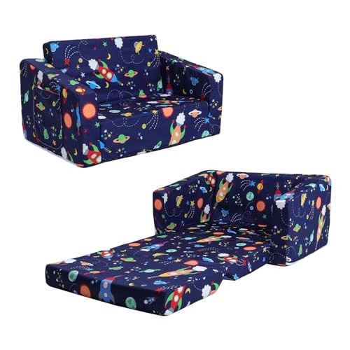 Kids Couch Convertible Sofa to Lounger for Toddler Boy, Foldable 2-in-1 Rocket