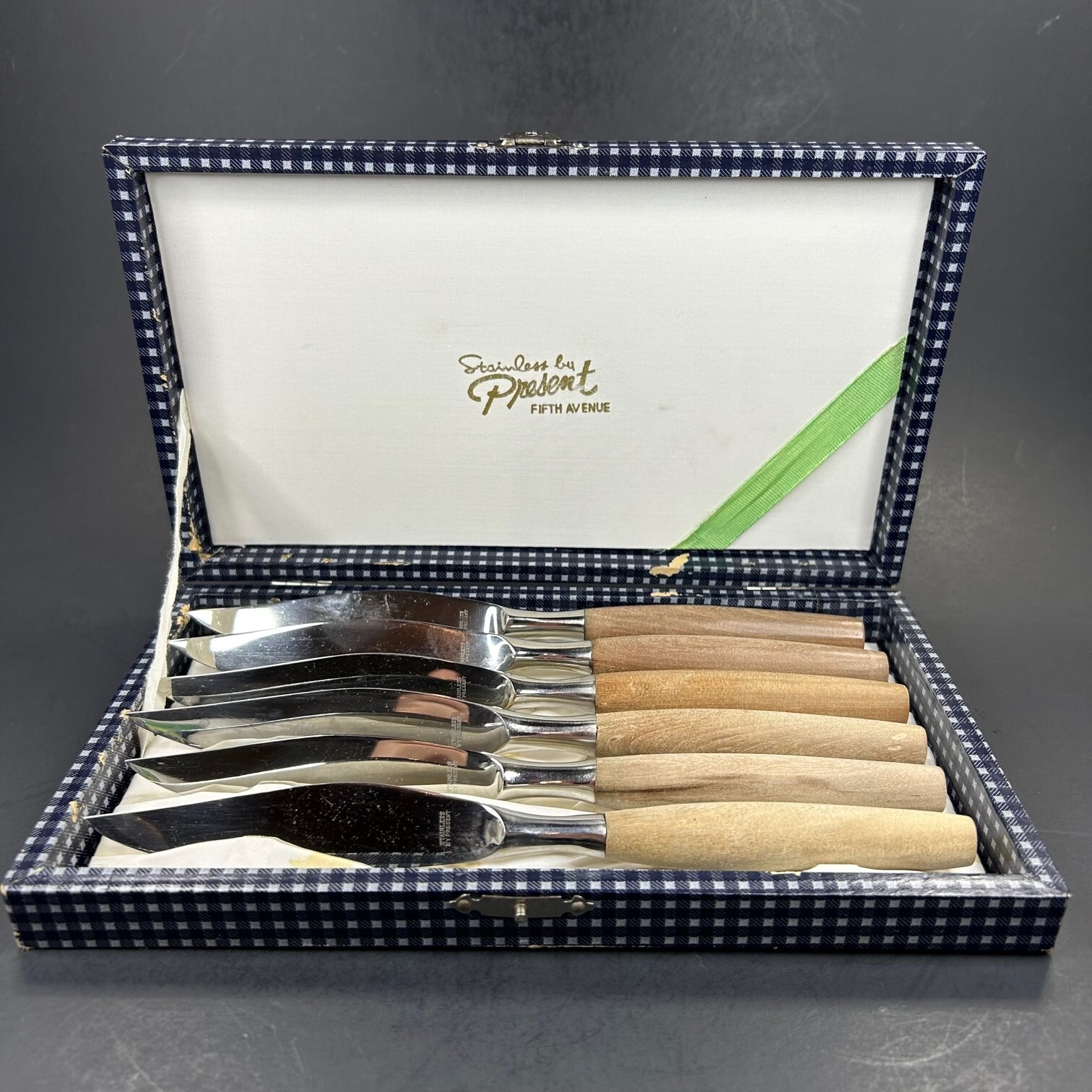 Vtg Stainless by Present Fifth Ave Fine Steak Knives Wood Handle Box Set of 6