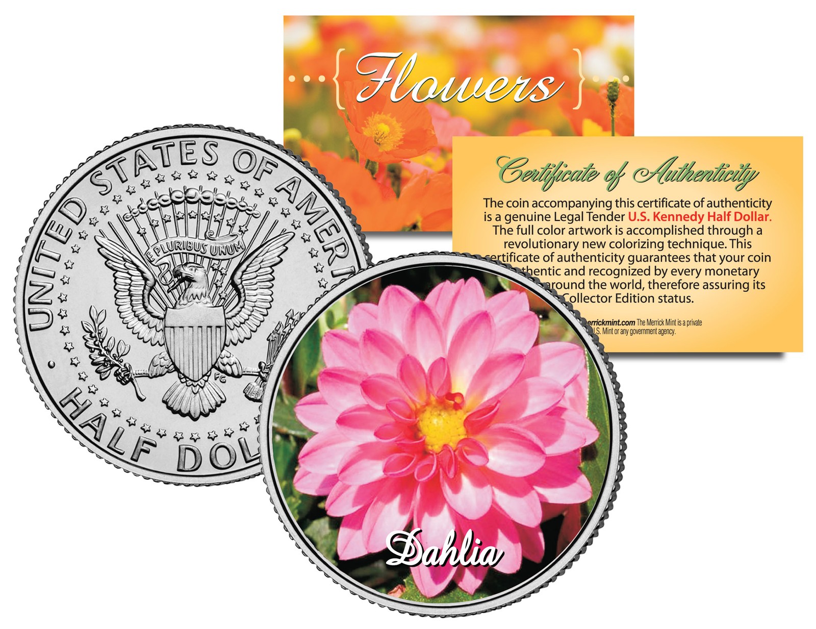 DAHLIA FLOWER JFK Kennedy Half Dollar U.S. Colorized Coin