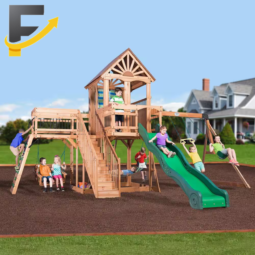 Caribbean Outdoor Playground Set W/ Wave Slide Rockwall Swing Set and Porch