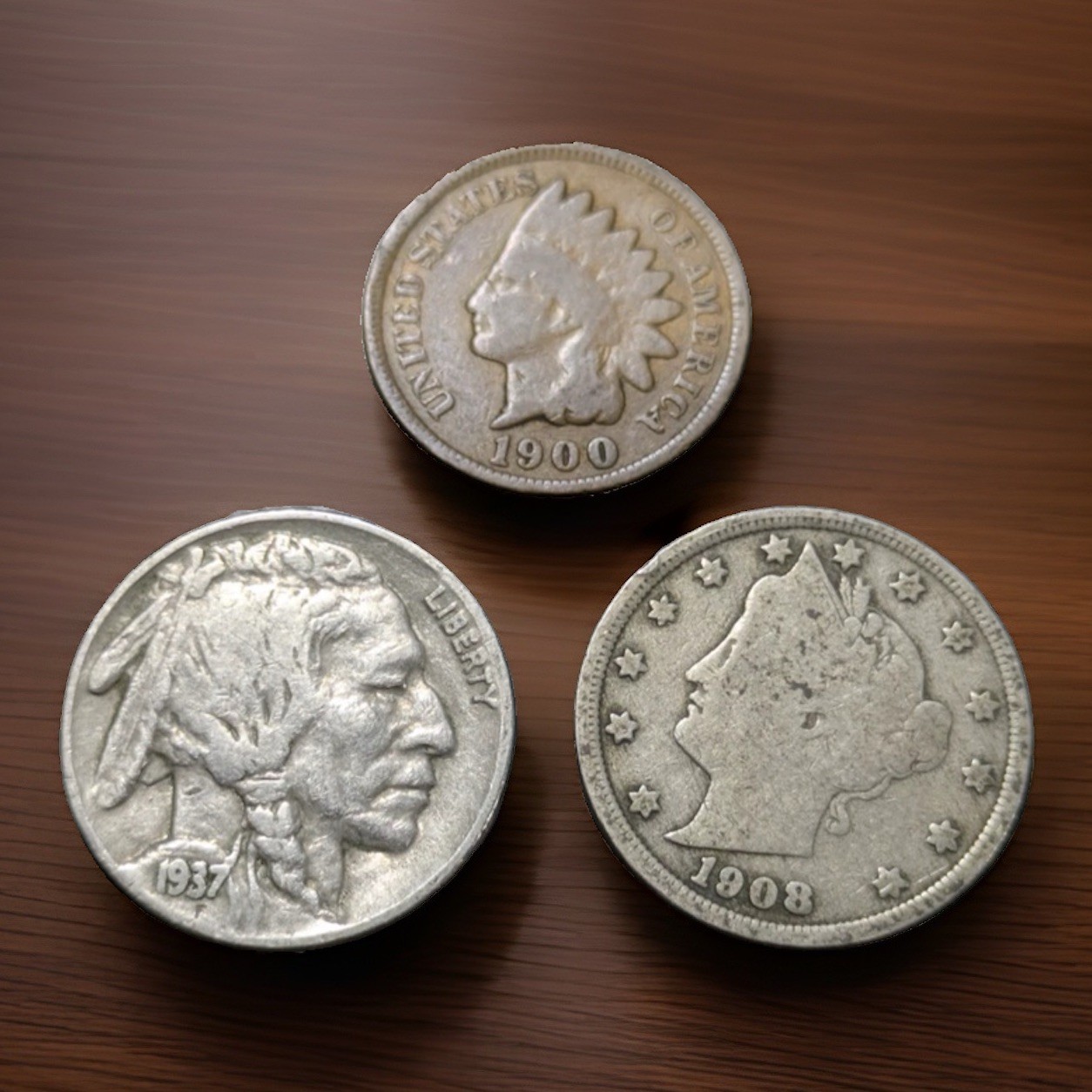 Lot of 3 VINTAGE US Coins Liberty V & Indian Head Buffalo Nickel & Indian Cent