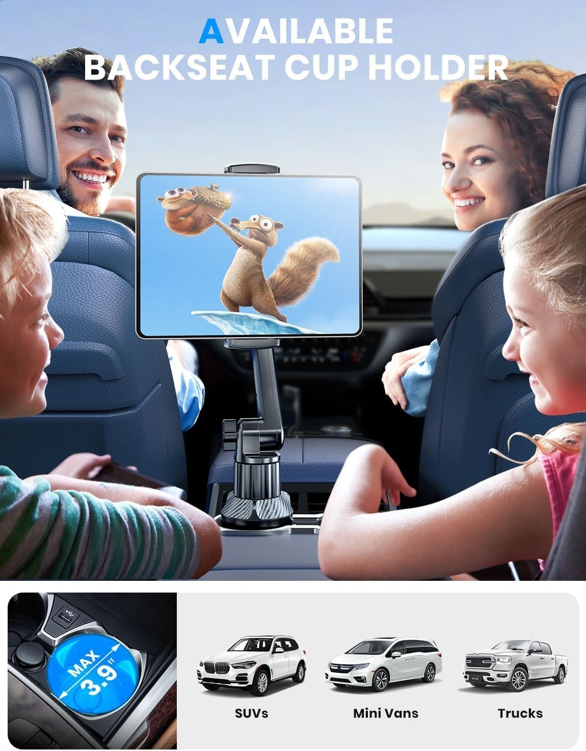 Cup Holder Mount for iPad: 15" Adjustable Height & Secure Grip