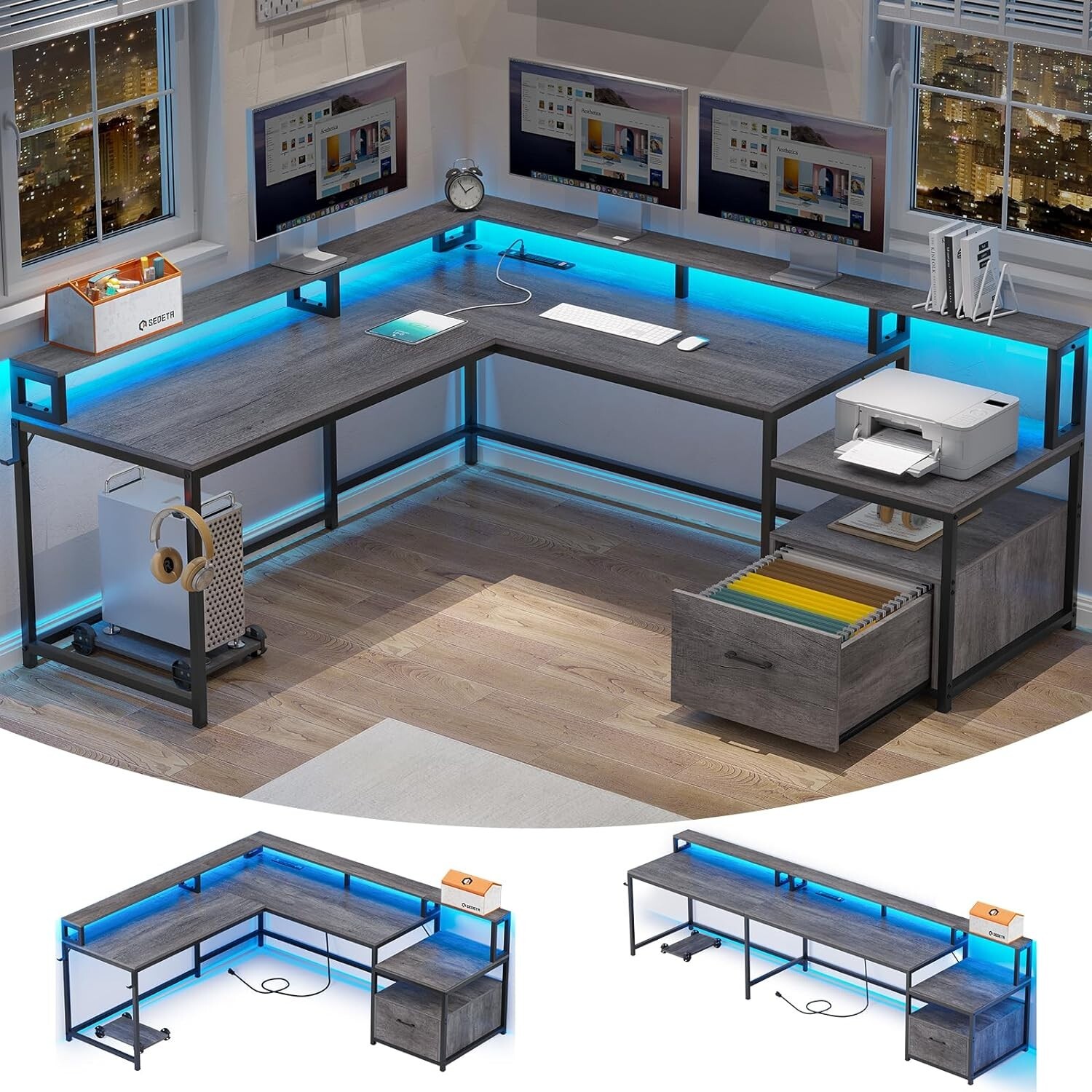 L Shaped Computer Desk with Led Lights 66" Home Office Desk with Power Outlet