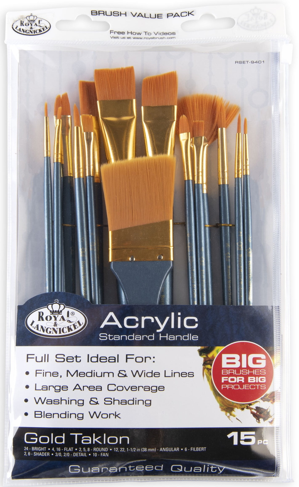 Nickel - Gold Long Assorted Large Brush Acrylic Paintbrush Set - Set of 15