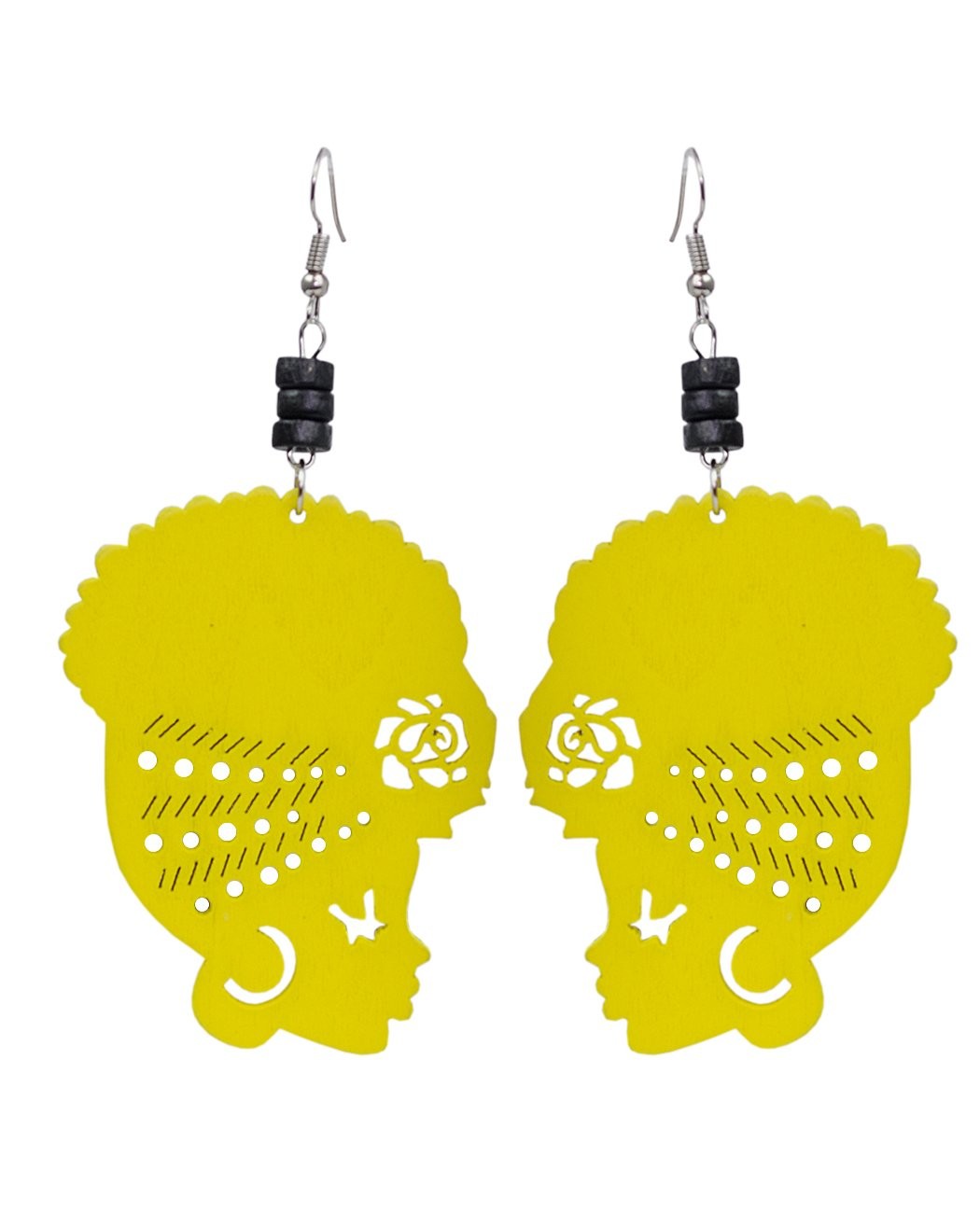 Wooden Flower Turban African Woman Head and Bead Dangle Hook Earrings - Yellow,