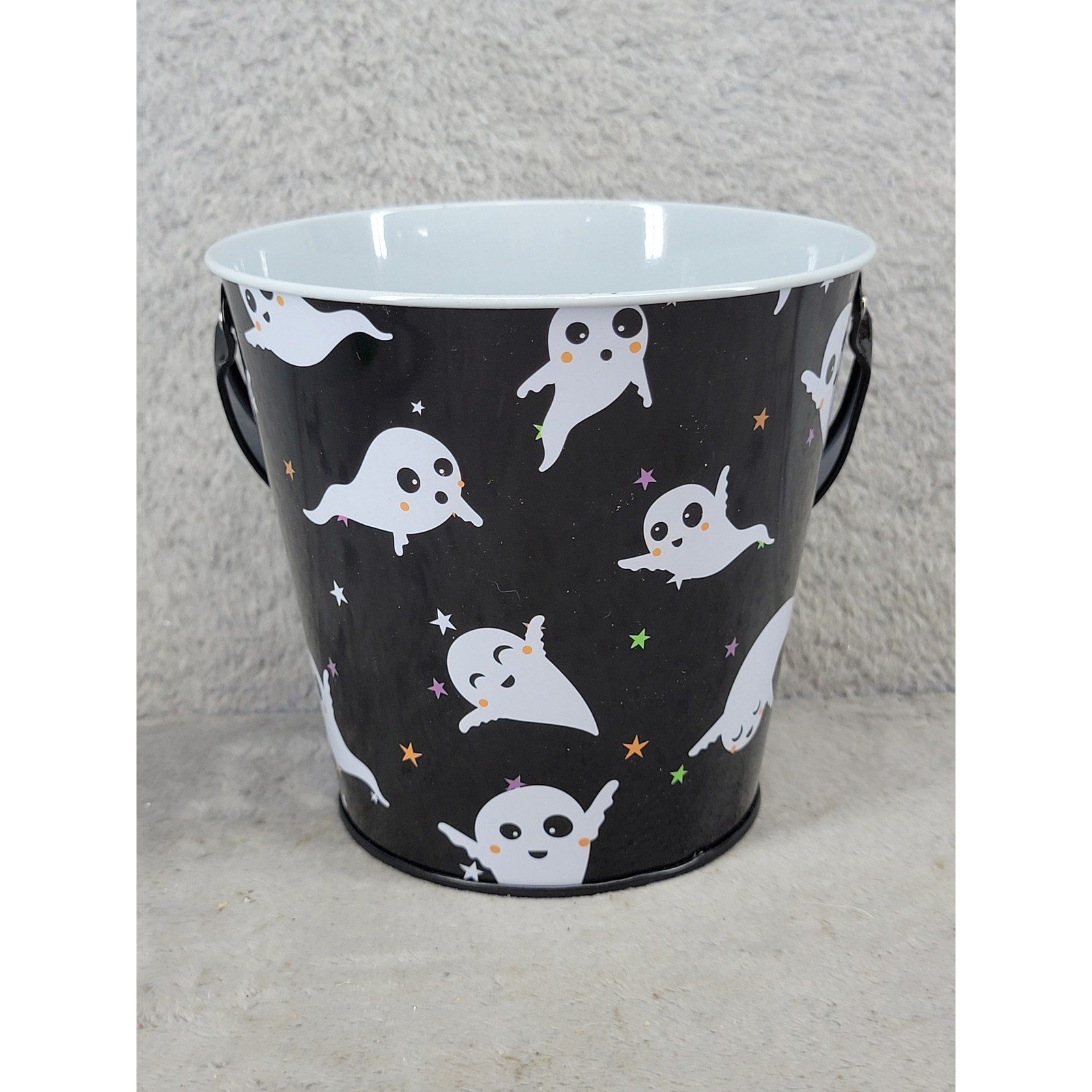 Greenbrier International Halloween Ghost Metal Pail Black Stars Bucket 5 inch