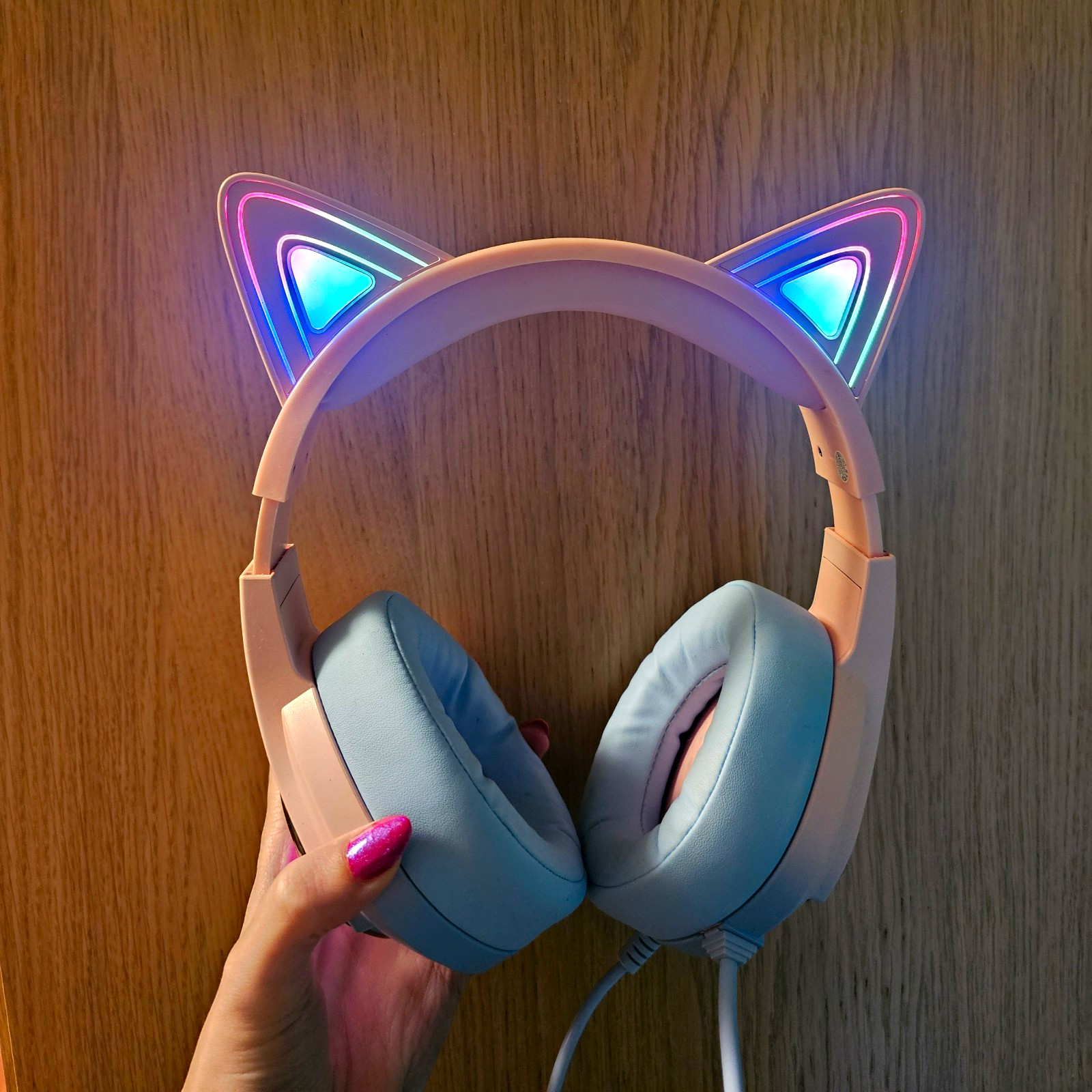 Pink/Blue Cat Ear LED Over-Ear Gaming Headset Wired USB Plus Mic