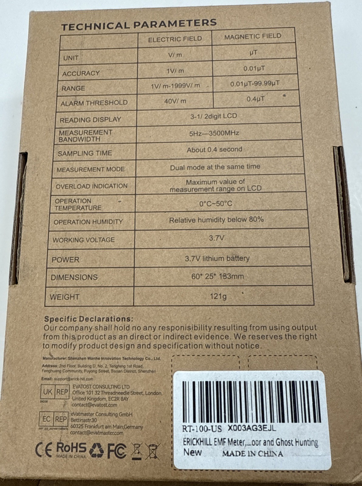 Erickhill EMF Professional Model: RT-100 Electromagnetic Field Radiation Tester
