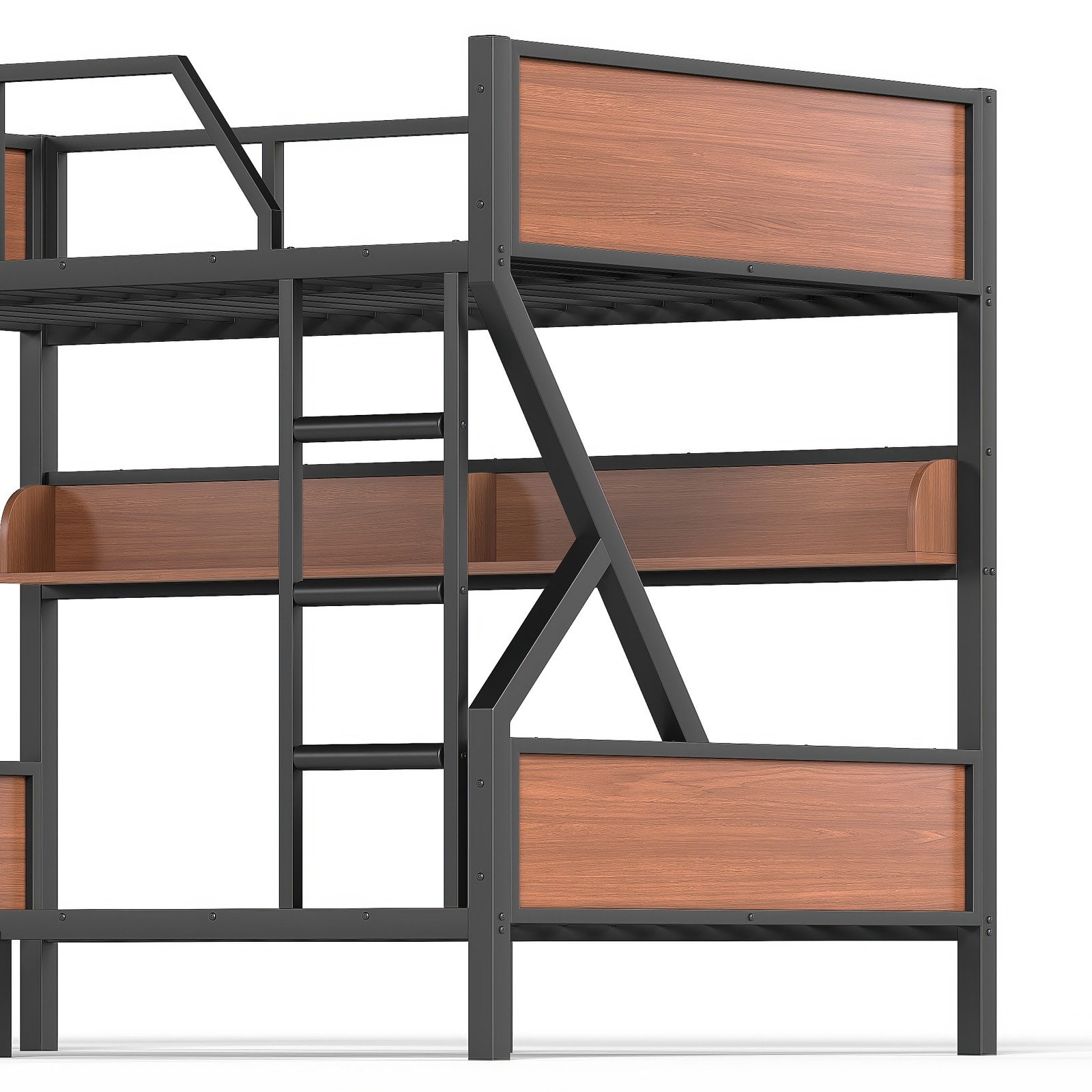 Metal Full over Full Bunk Bed with Storage Shelves Lights Space-saving Black New