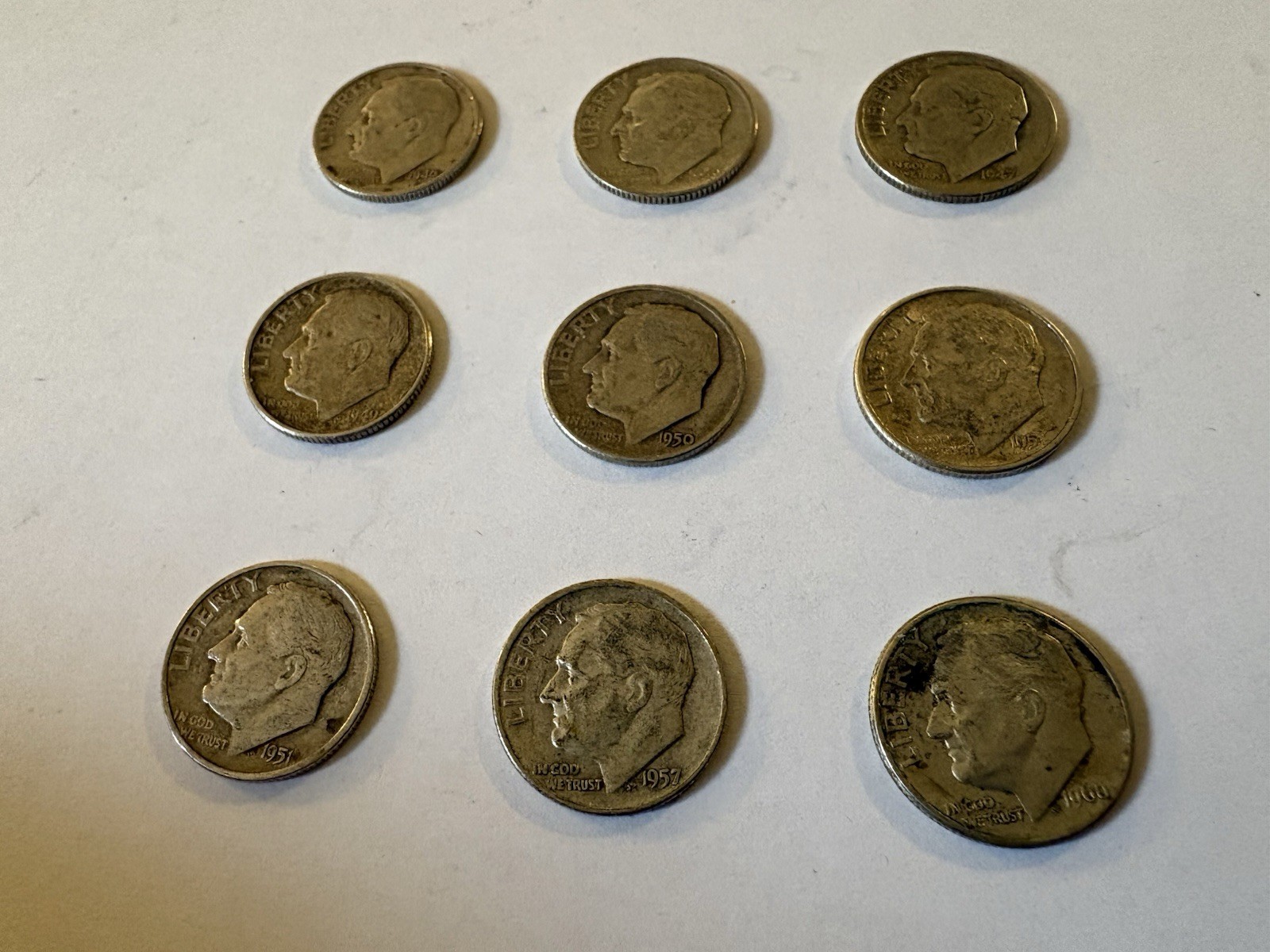 Lot Of 9 Silver Dimes 90% Silver 1946-S 1950-P 1957-D San Fran Philly Denver 🪙