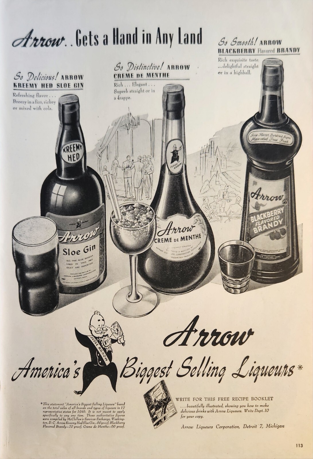 1947 Arrow Sloe Gin creme de menthe blackberry flavored brandy Vintage ad