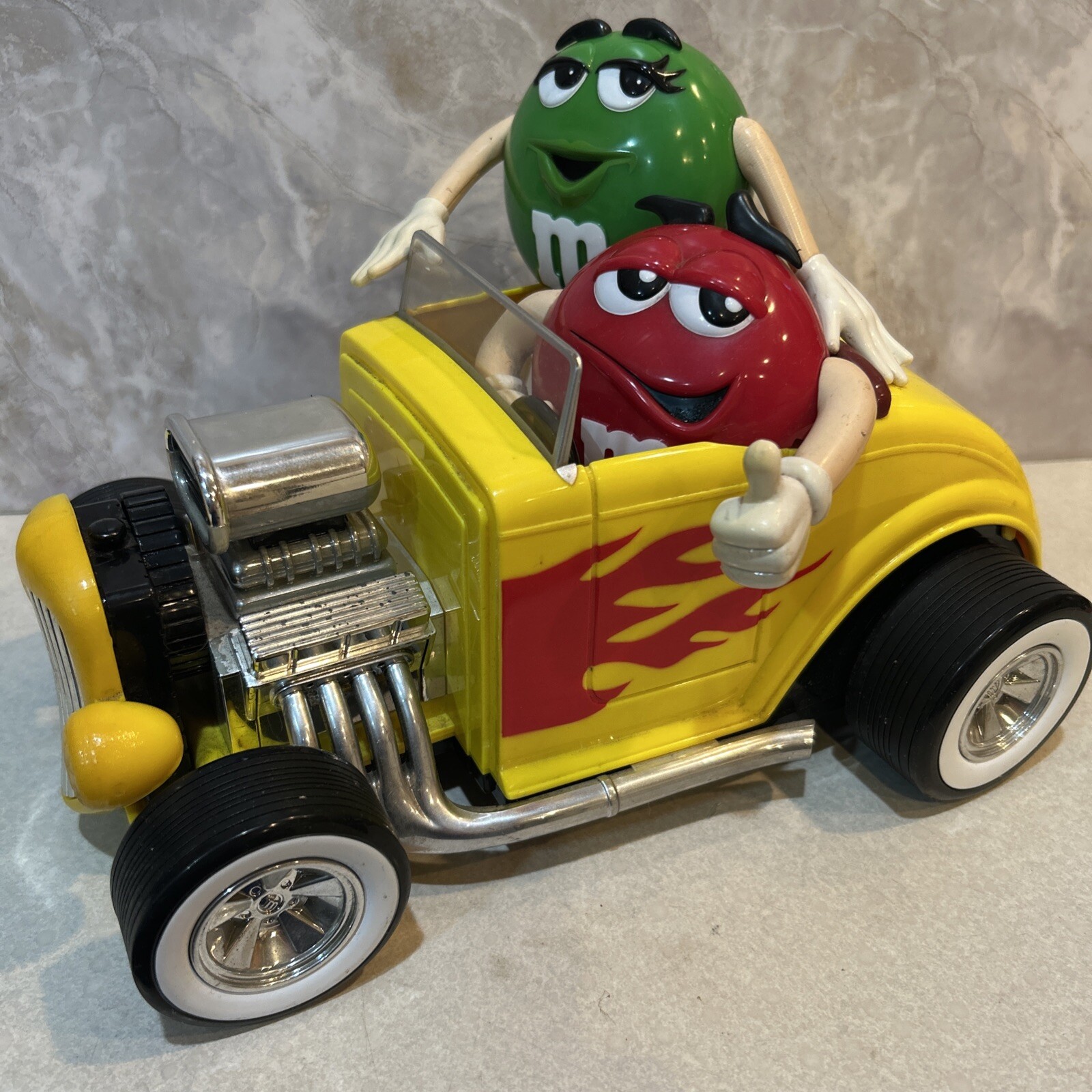 M&M Collectible Hot rod Candy Dispenser Yellow Ms Green & Red Roadster VTG Read
