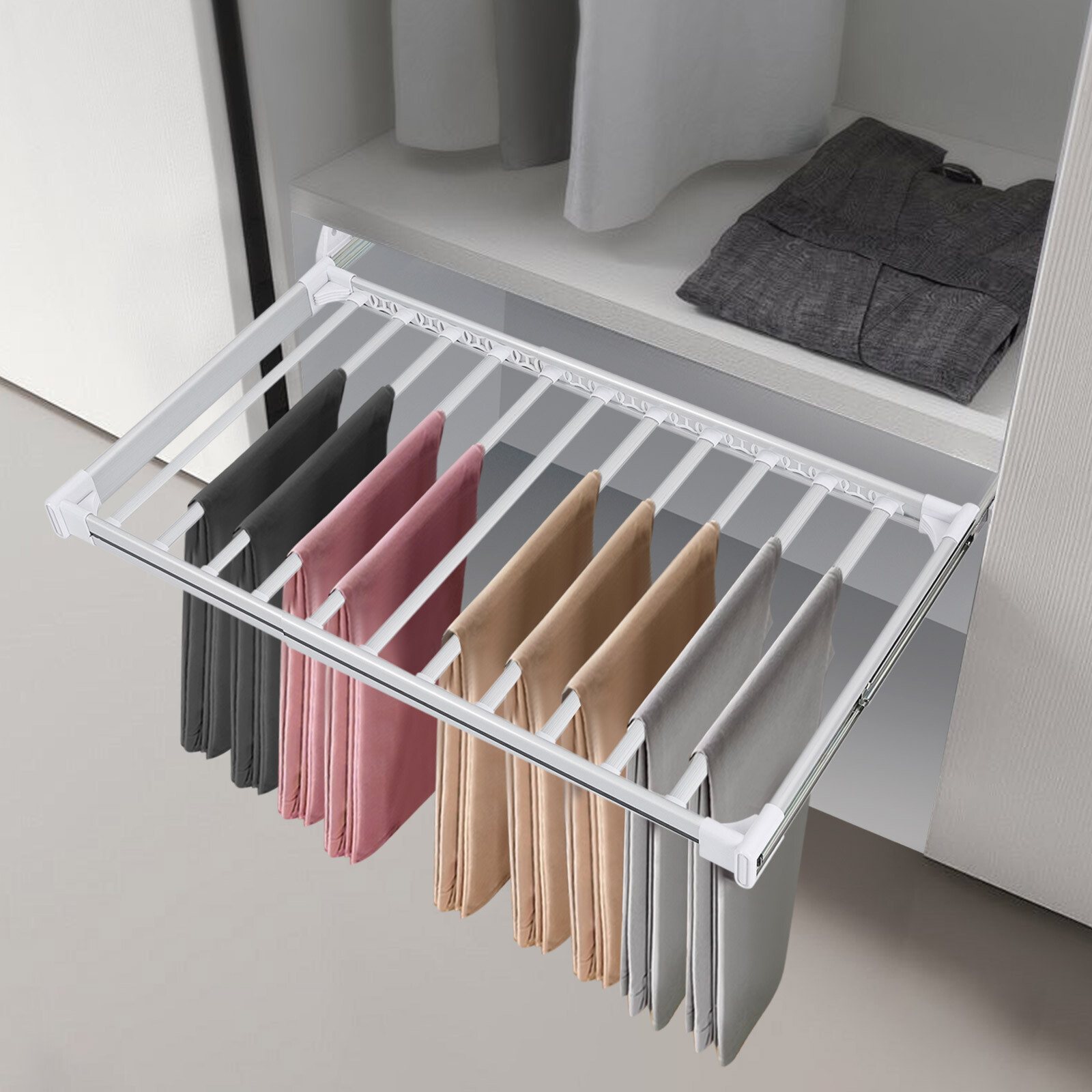 Pull Out Pants Rack Pants Hanger Bar 11-Bar Metal Pull Out Trousers Rack Clothes