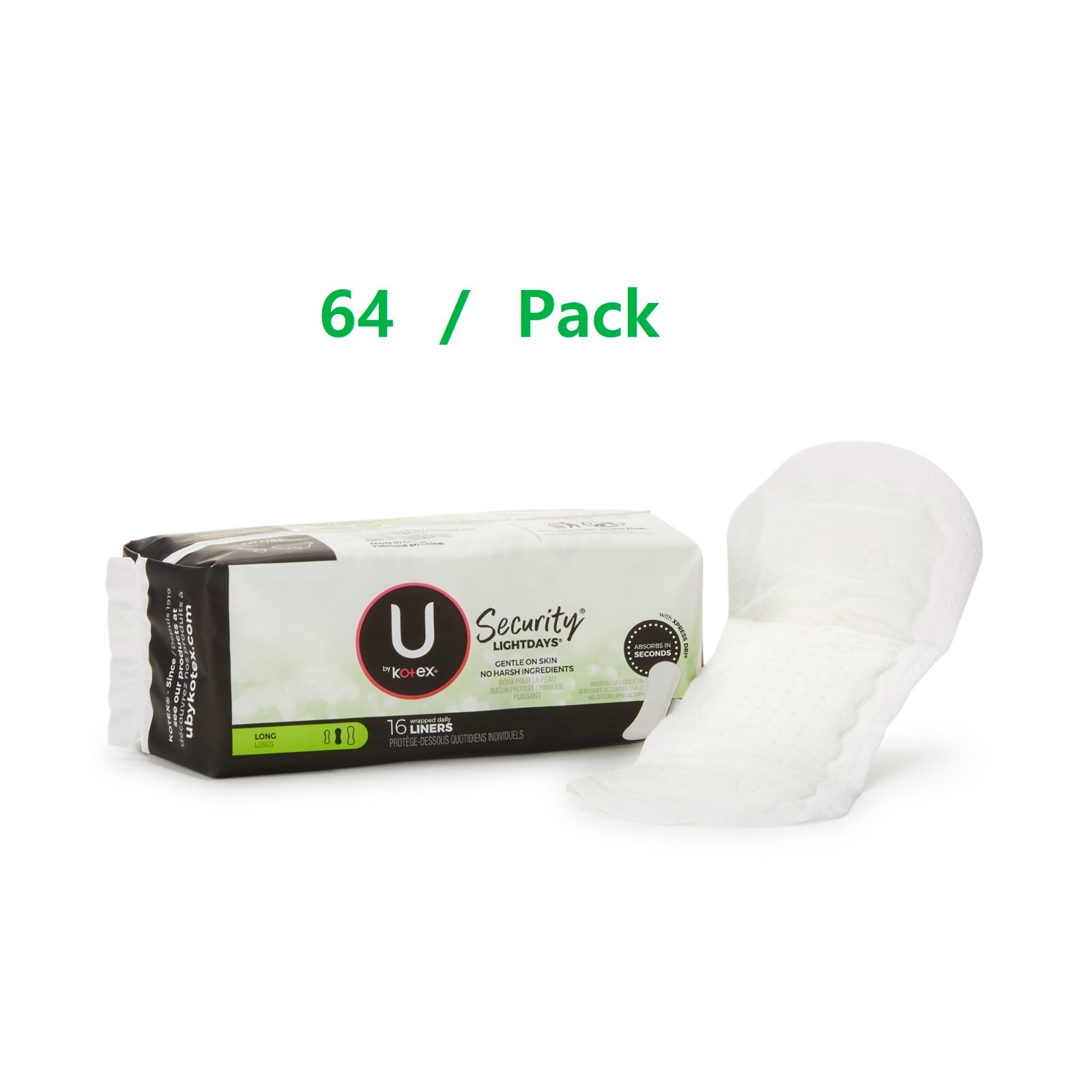 U by Kotex Feminine Pads Security Panty Liner Long Regular Absorbency, 64 Pack