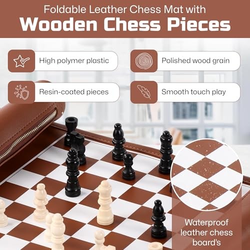 Roll Up Chess Set - Foldable Leather Chess Mat with Chess Pieces - Brown