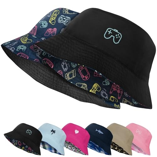 Kids Sun Hat UPF 50+ Double Side Bucket Hats for Boys Girls 8-13 Years Black