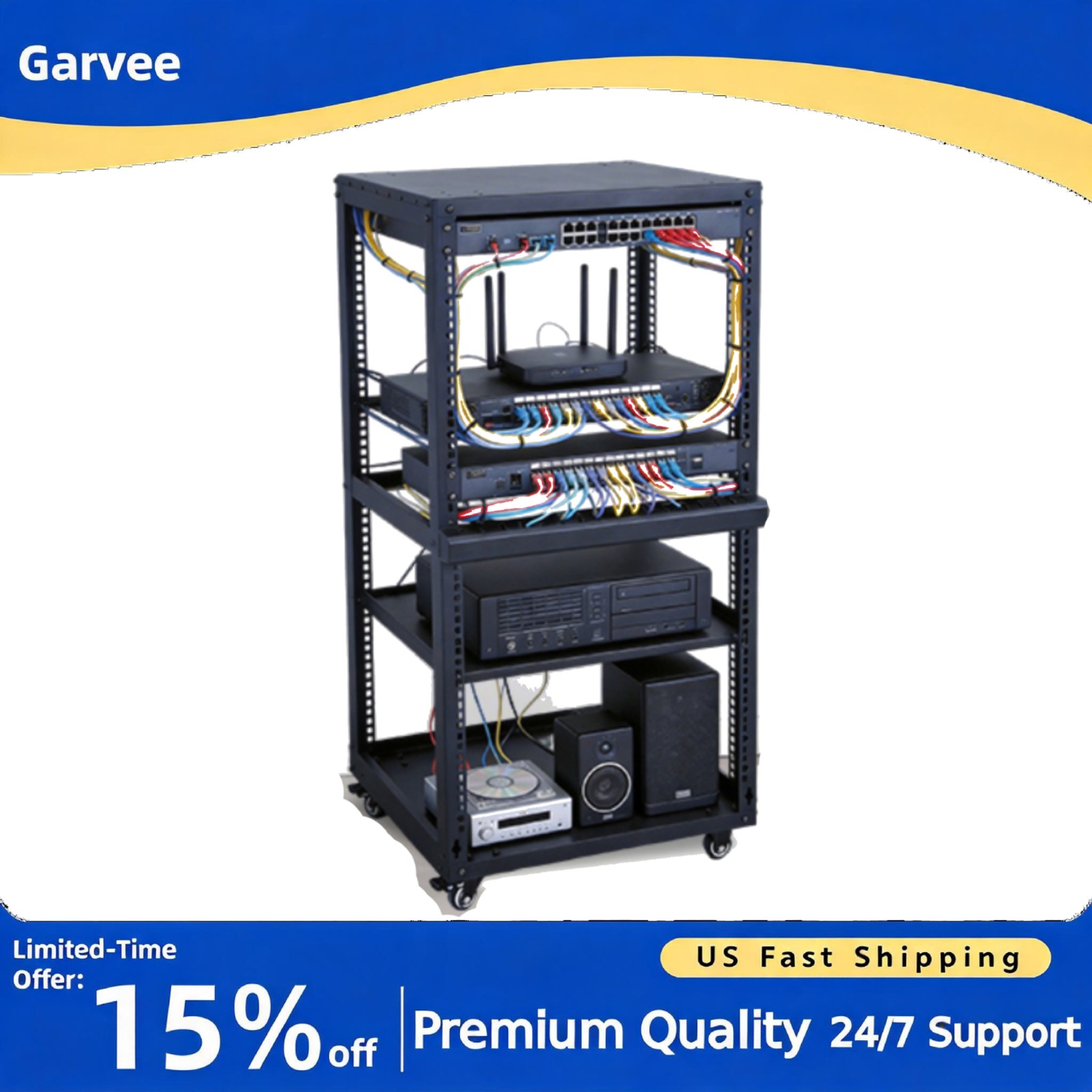 Network Rack Open Frame 12-20U Casters Wall or Floor Stand 2U Shelves Included