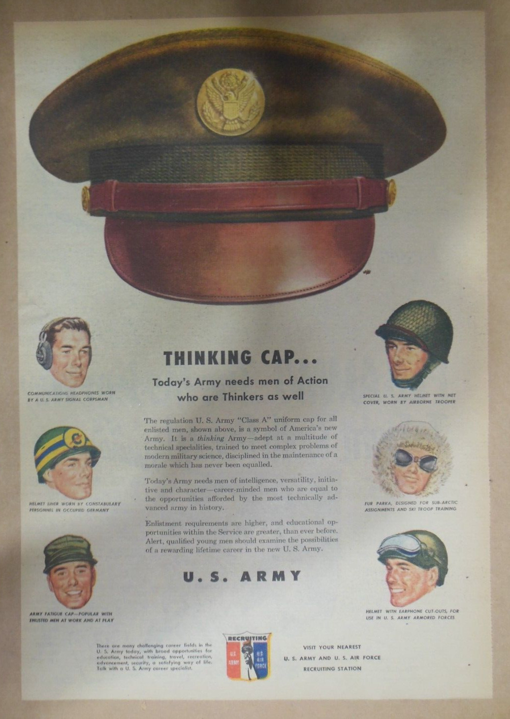 US Army Recruiting Ad: Thinking Cap Todays Army ! from 1951 Size 11 x 15 inches