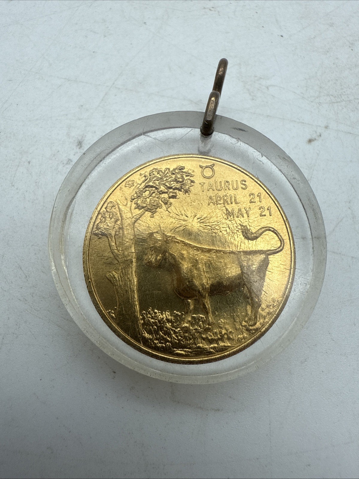 Good Luck Taurus Gold-Colored Coin In Resin Keychain Astrology Bull