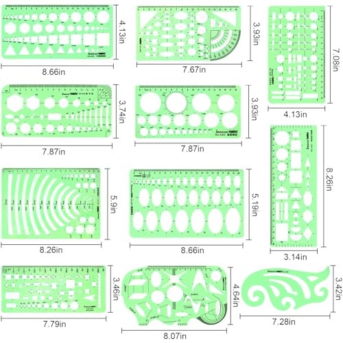 11PCS Geometric Drawings Templates, Drafting Stencils Measuring Tools,