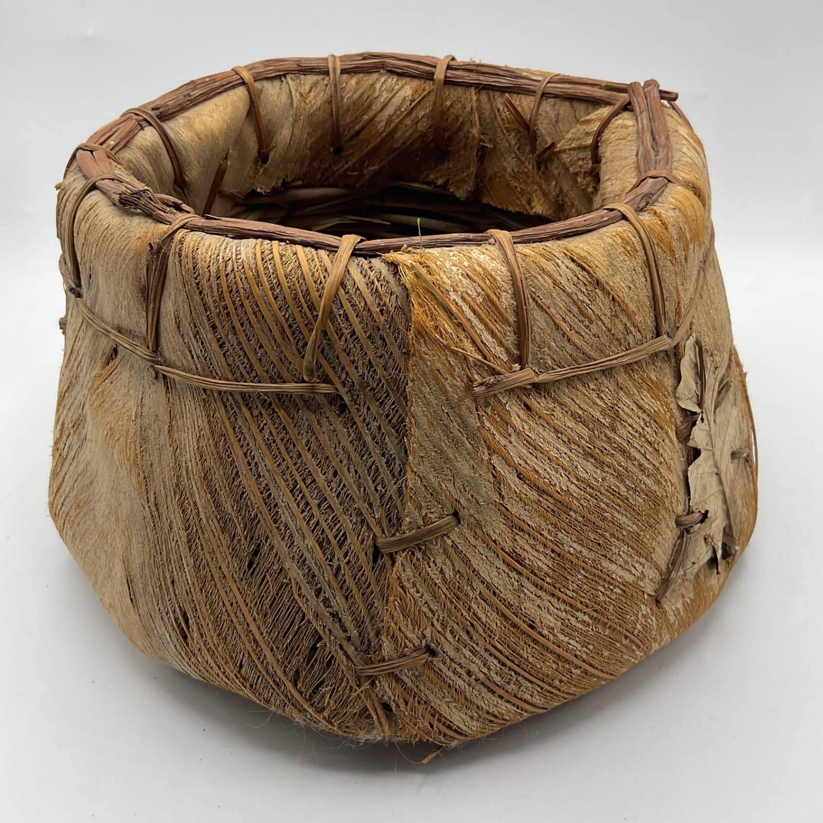 Handmade Palm Husk Sheath Basket Planter 11” Rustic Tiki Boho Tropical