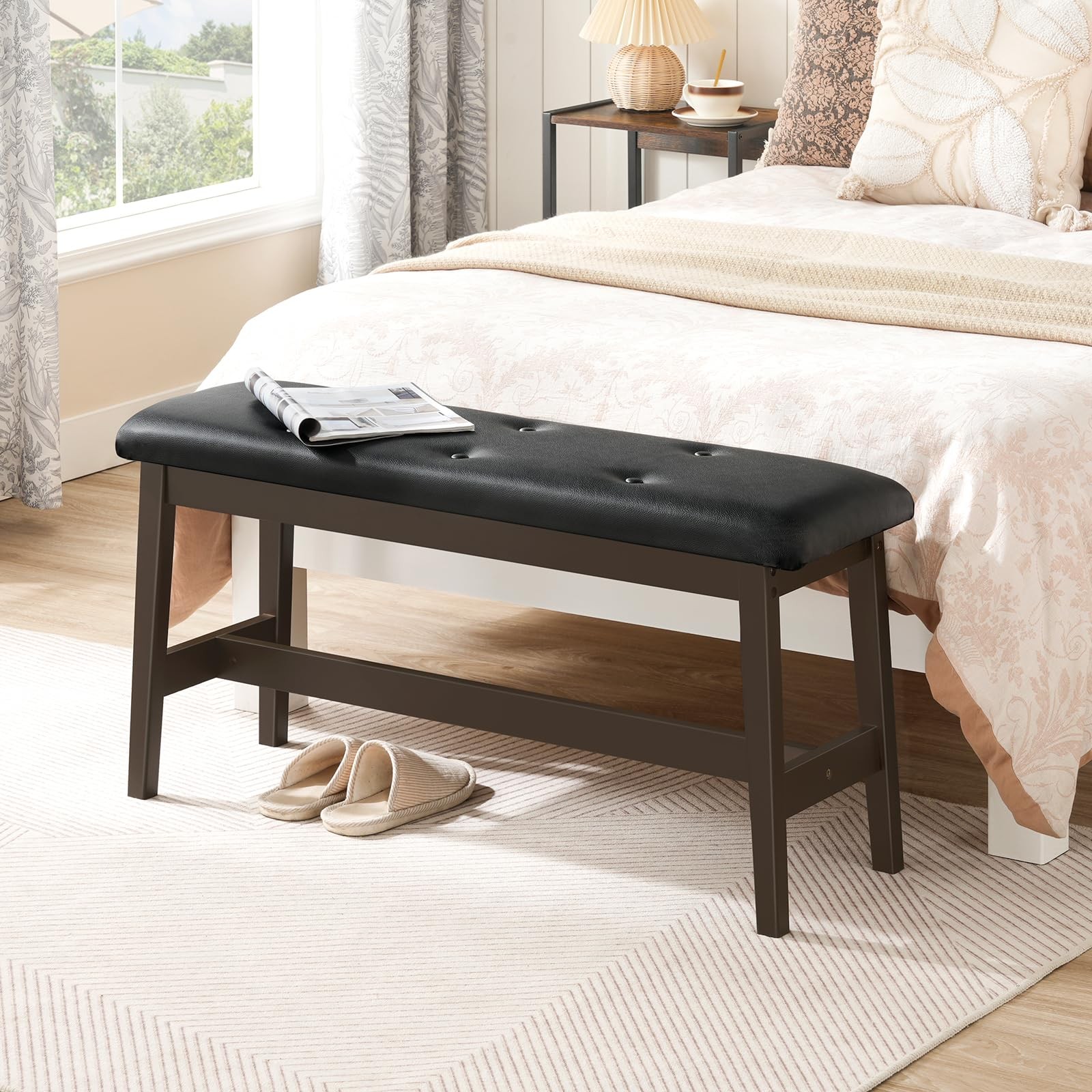 HOOBRO Dining Bench, Bamboo Dining Room Bench with PU Leather Upholstered Seat,