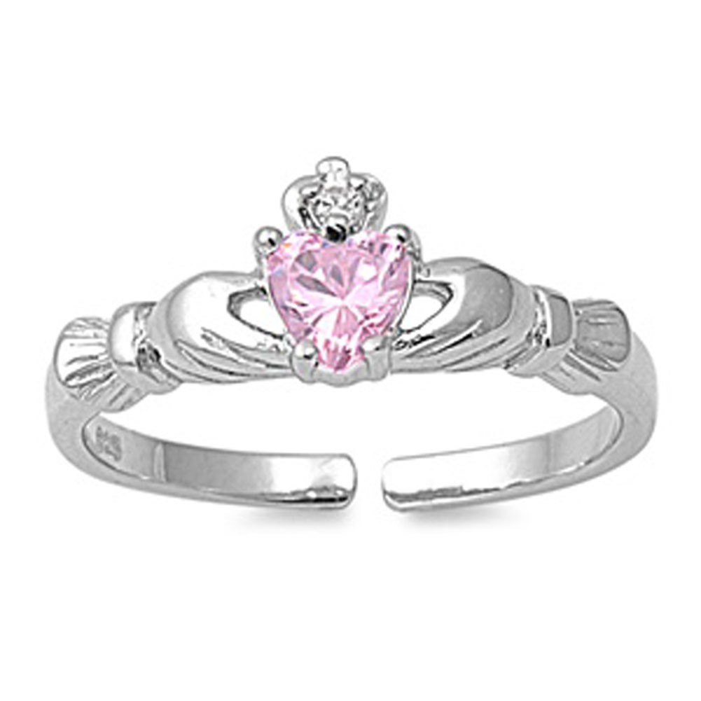 Heart Solitaire Claddagh Pink CZ Clear CZ .925 Sterling Silver Toe Ring