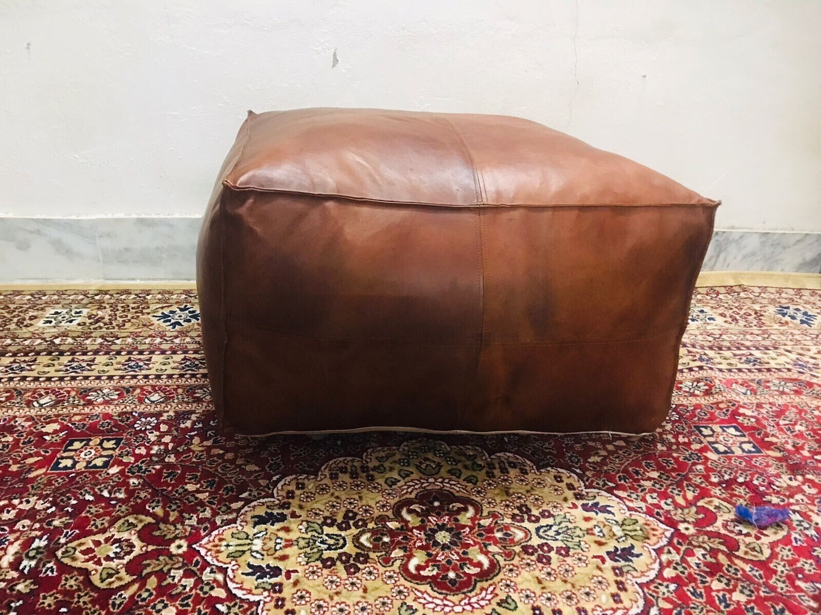 Square Moroccan Vintage New Unstuffed Natural Classic Pouffe Boho Leather