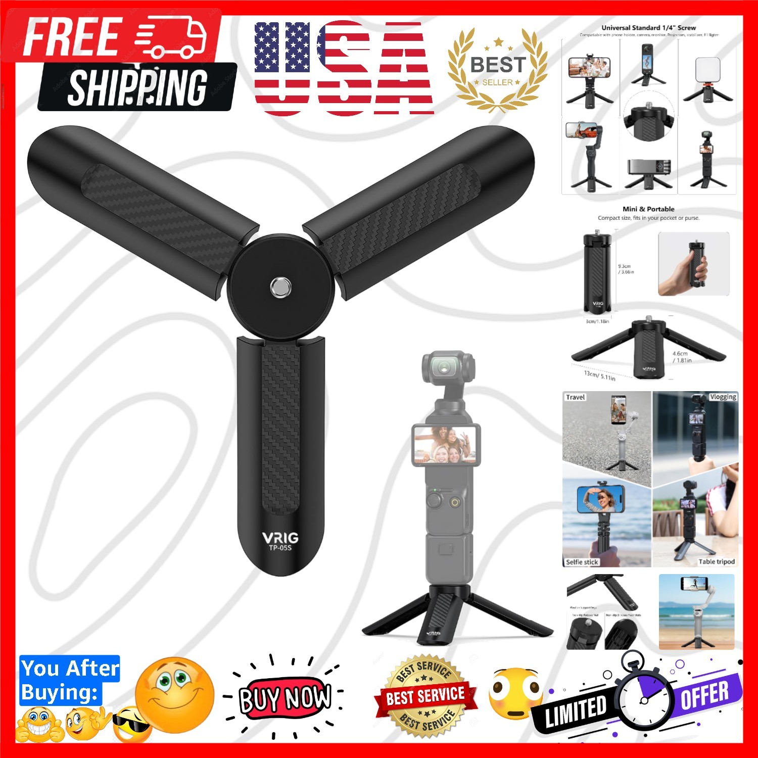 VRIG TP05S Mini Tripod for DJI OSMO Pocket4 & Pocket3,Portable Pocket Stand D...