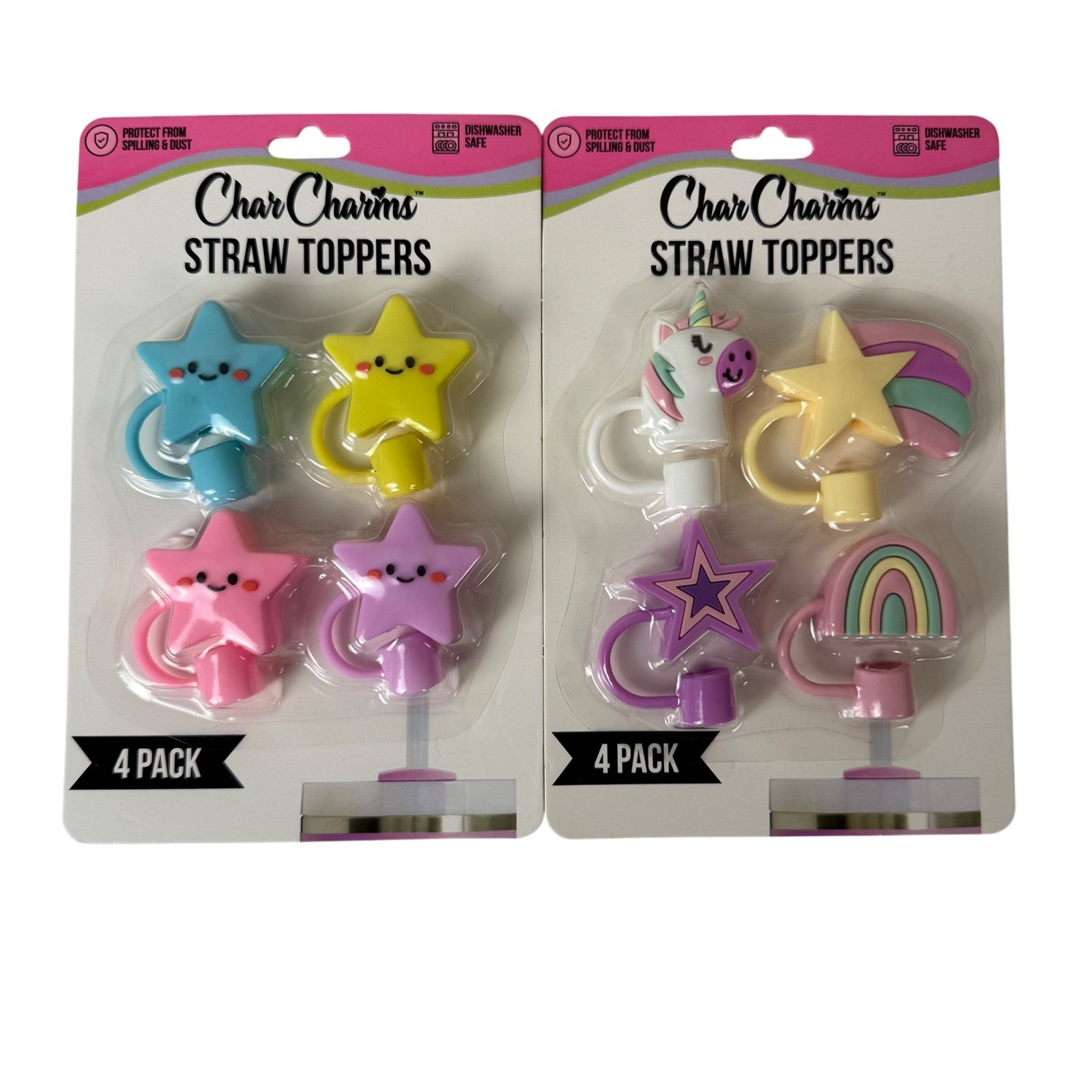 CharCharms Straw Toppers 4 Pk Lot 8 Total Star Unicorn Rainbow Stanley Tumblers