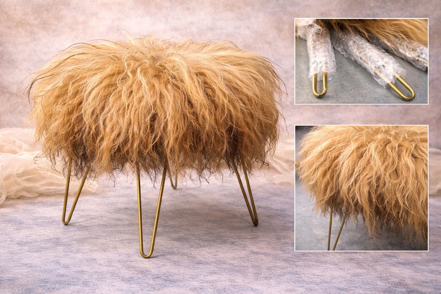 Vintage Style Faux Fur Stool Ottoman Hairpin Legs