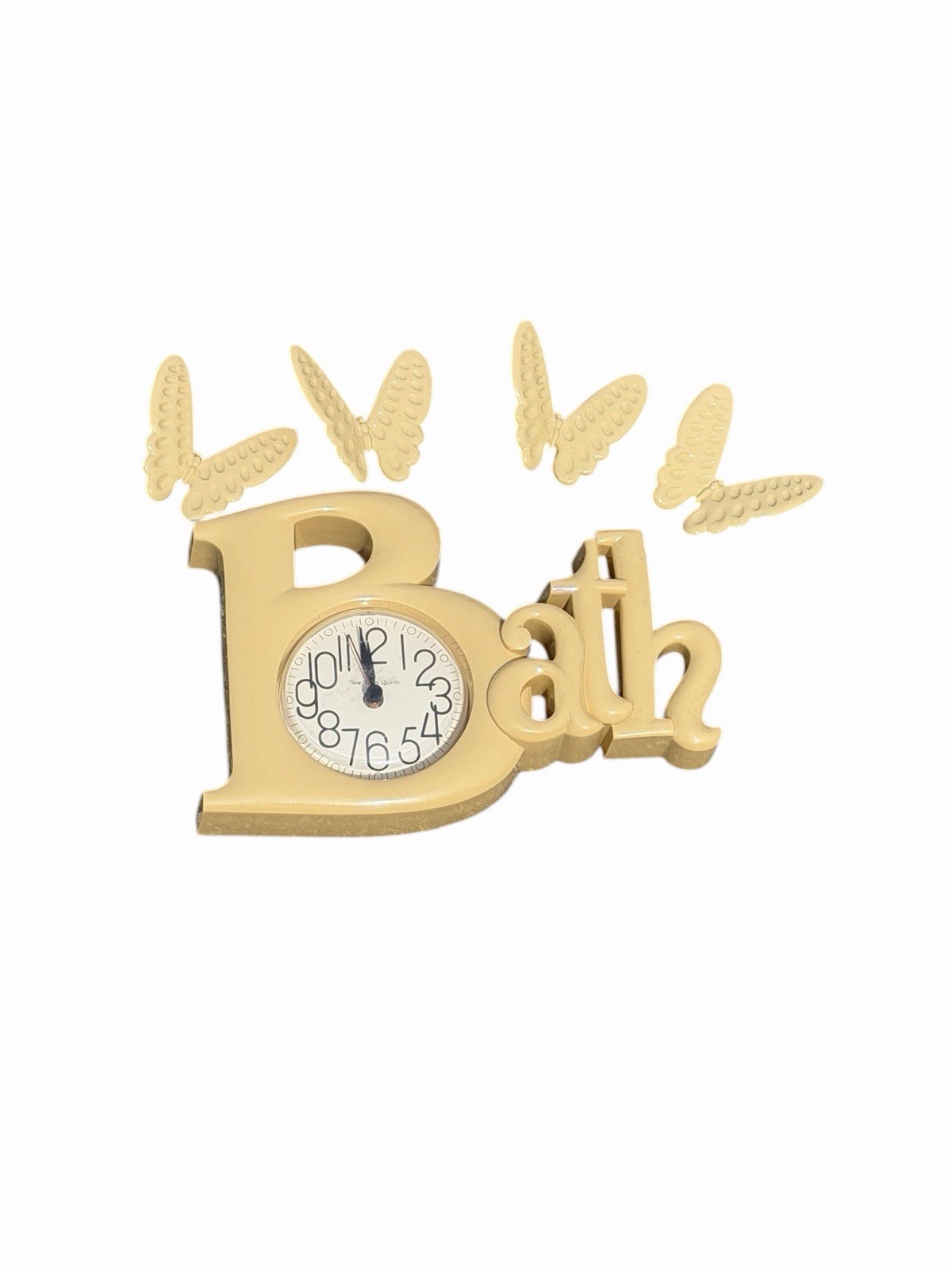 Vintage 1980s Burwood Products Bath Wall Clock Cream Hard Plastic W/Butterlies