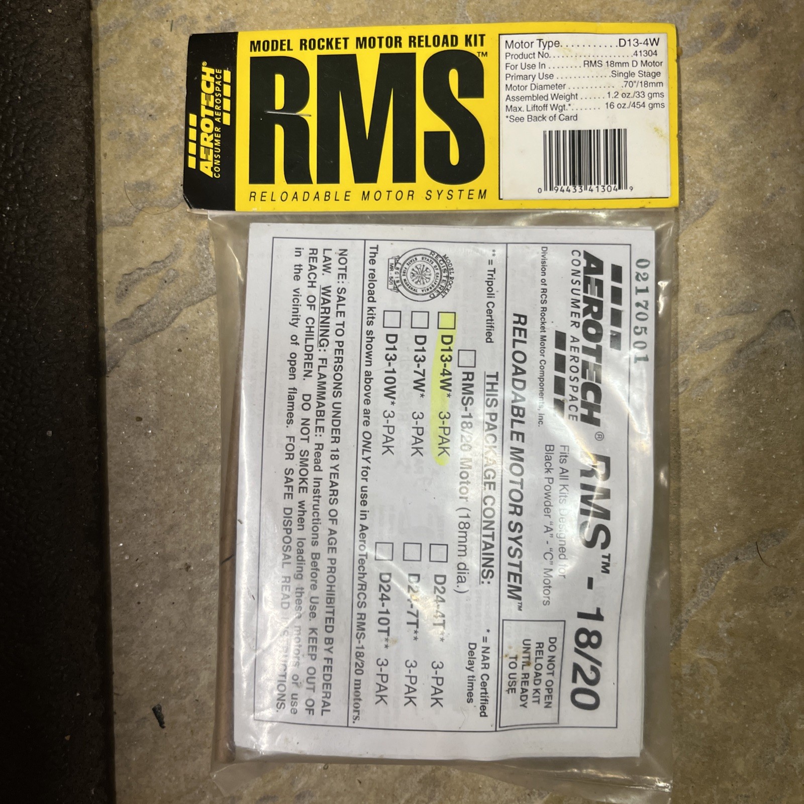 AeroTech RMS 18/20 Reload Kit 1 Pack High Power D13-4w Rocket 18mm A, C