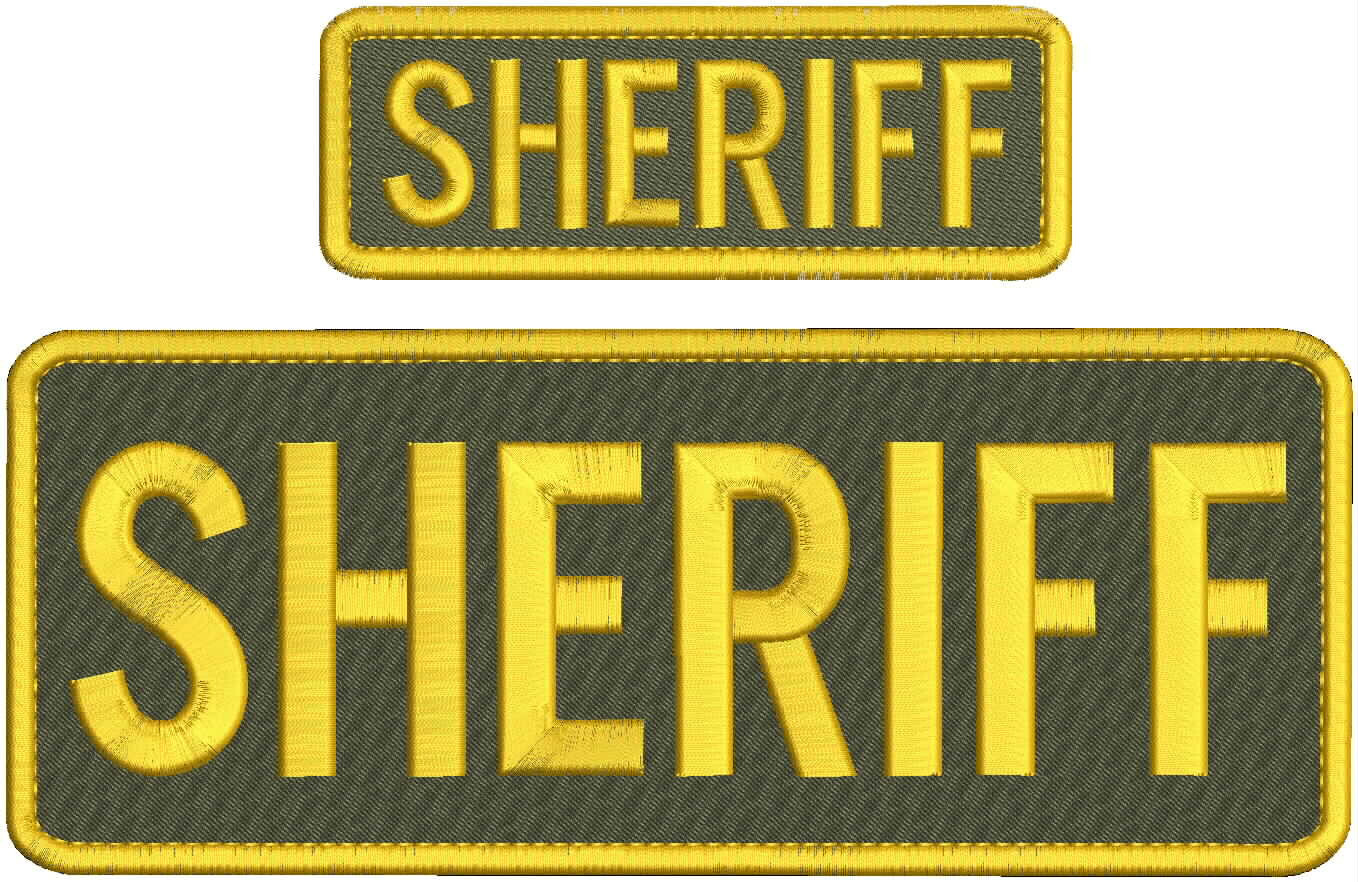 SHERIFF EMBROIDERY PATCH 4X11 and 2x6 HOOK ON BACK  GOLD ON  RANGER GREEN