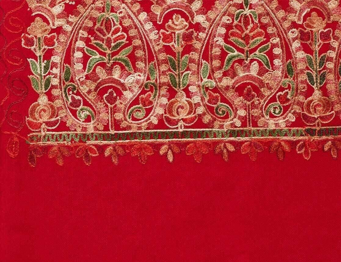 Paisley Red Pashmina Wool Shawl Hand-Cut Kani Quality White Jamavar Stole India