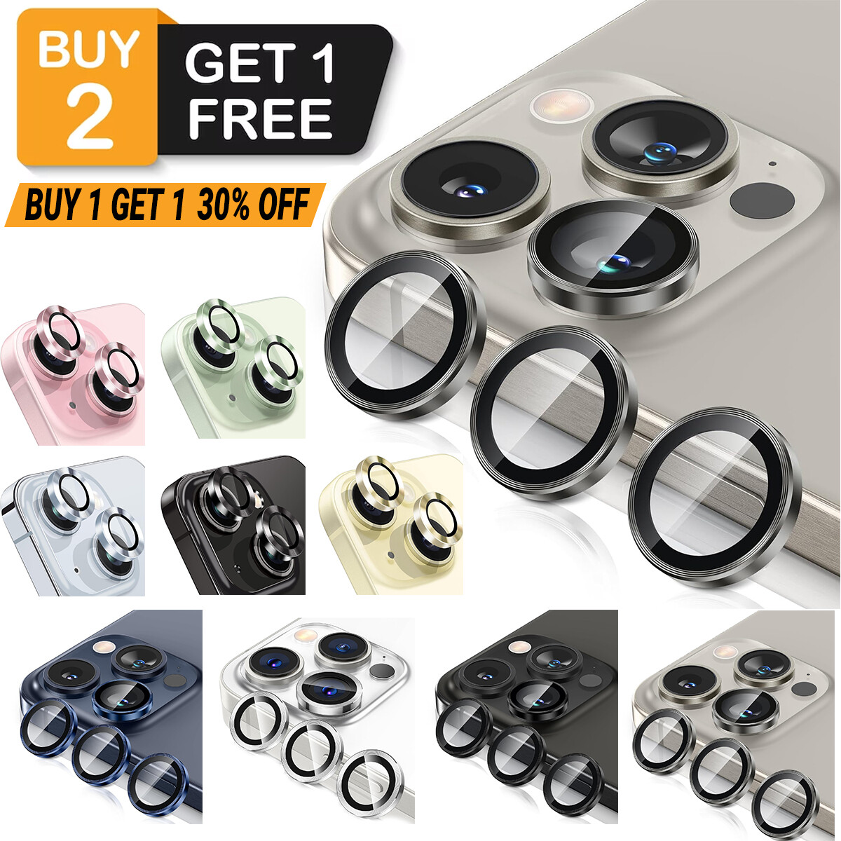 For iPhone 16 15 Pro Max Plus Metal Ring Tempered Glass HD Camera Lens Protector