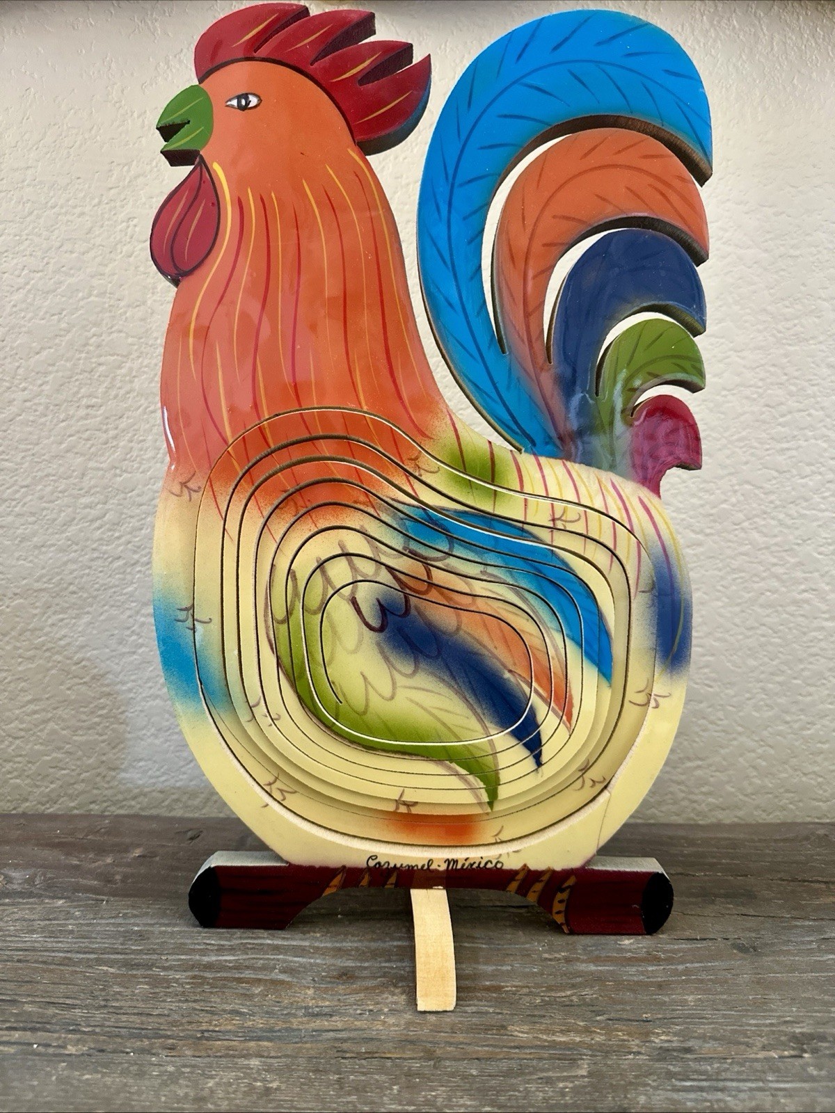 RARE*VTG Wooden Rooster Collapsible Folding Basket Bowl Carved Wood Folk Art 14”