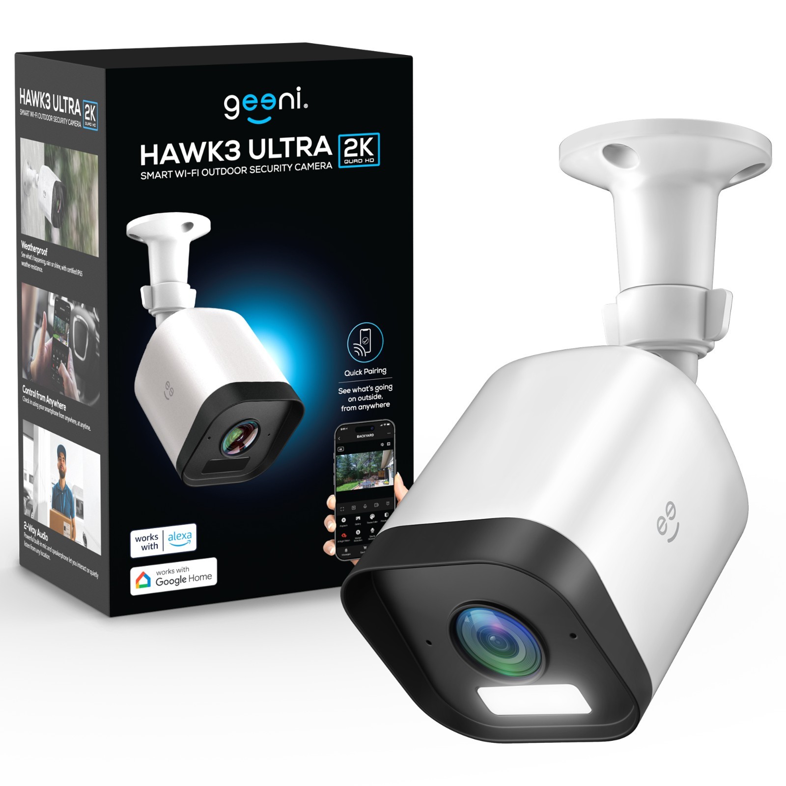 Geeni Hawk 3 Ultra 2K Wi-Fi Outdoor Cameras w Alexa Google Voice Control